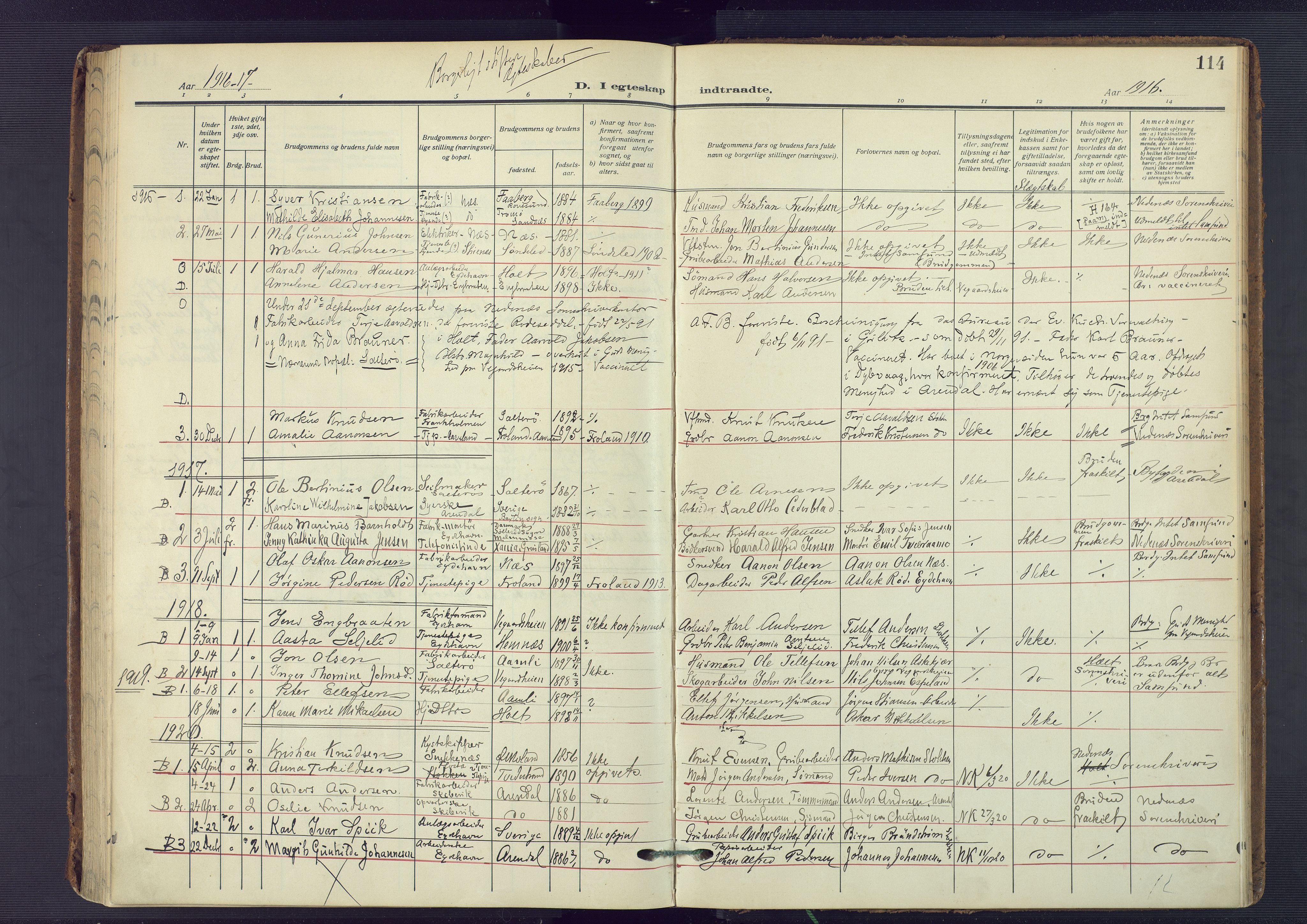 Austre Moland sokneprestkontor, SAK/1111-0001/F/Fa/Fab/L0003: Parish register (official) no. A 3, 1914-1927, p. 114