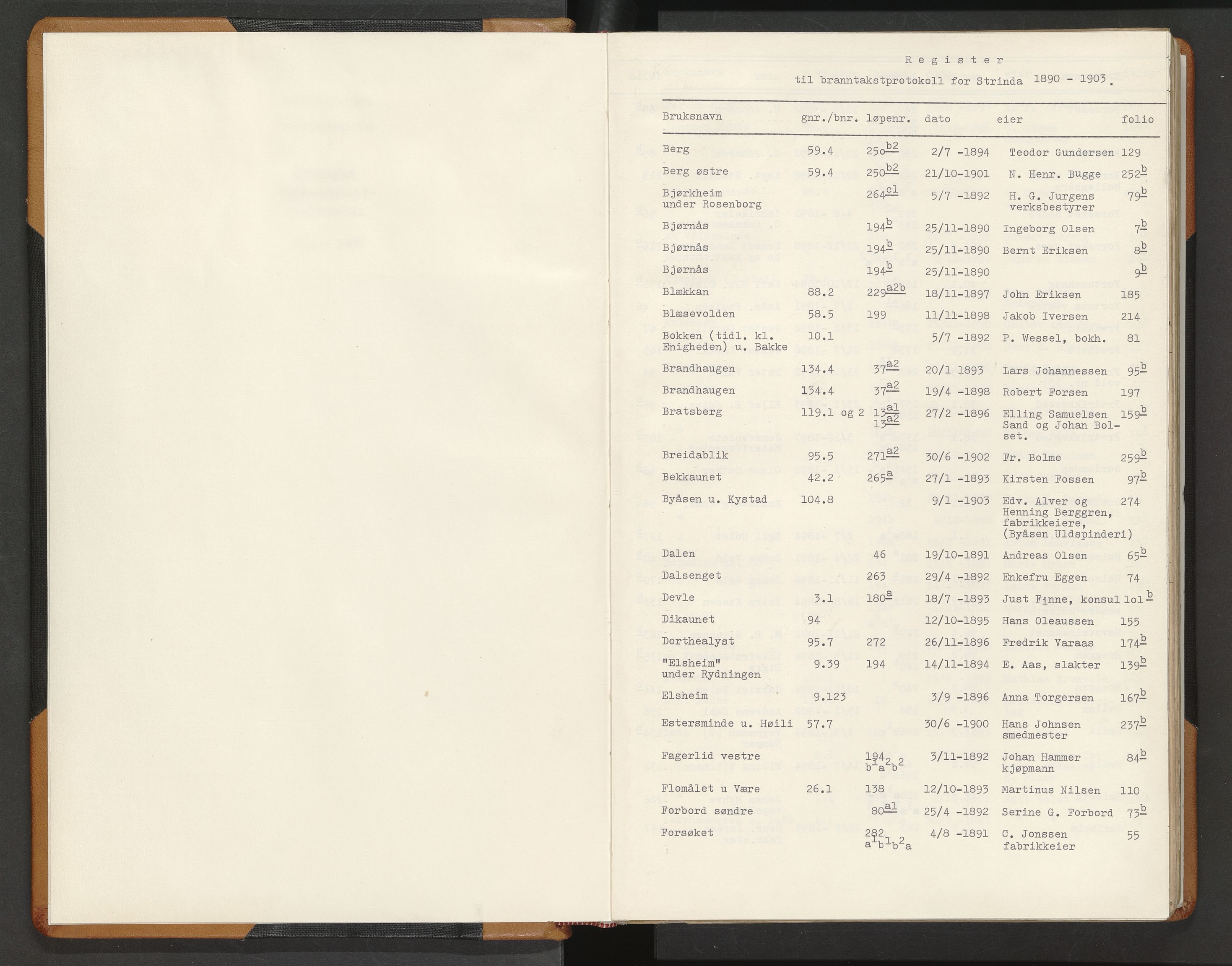 Norges Brannkasse Strinda, AV/SAT-A-5516/Fa/L0005: Branntakstprotokoll, 1890-1903