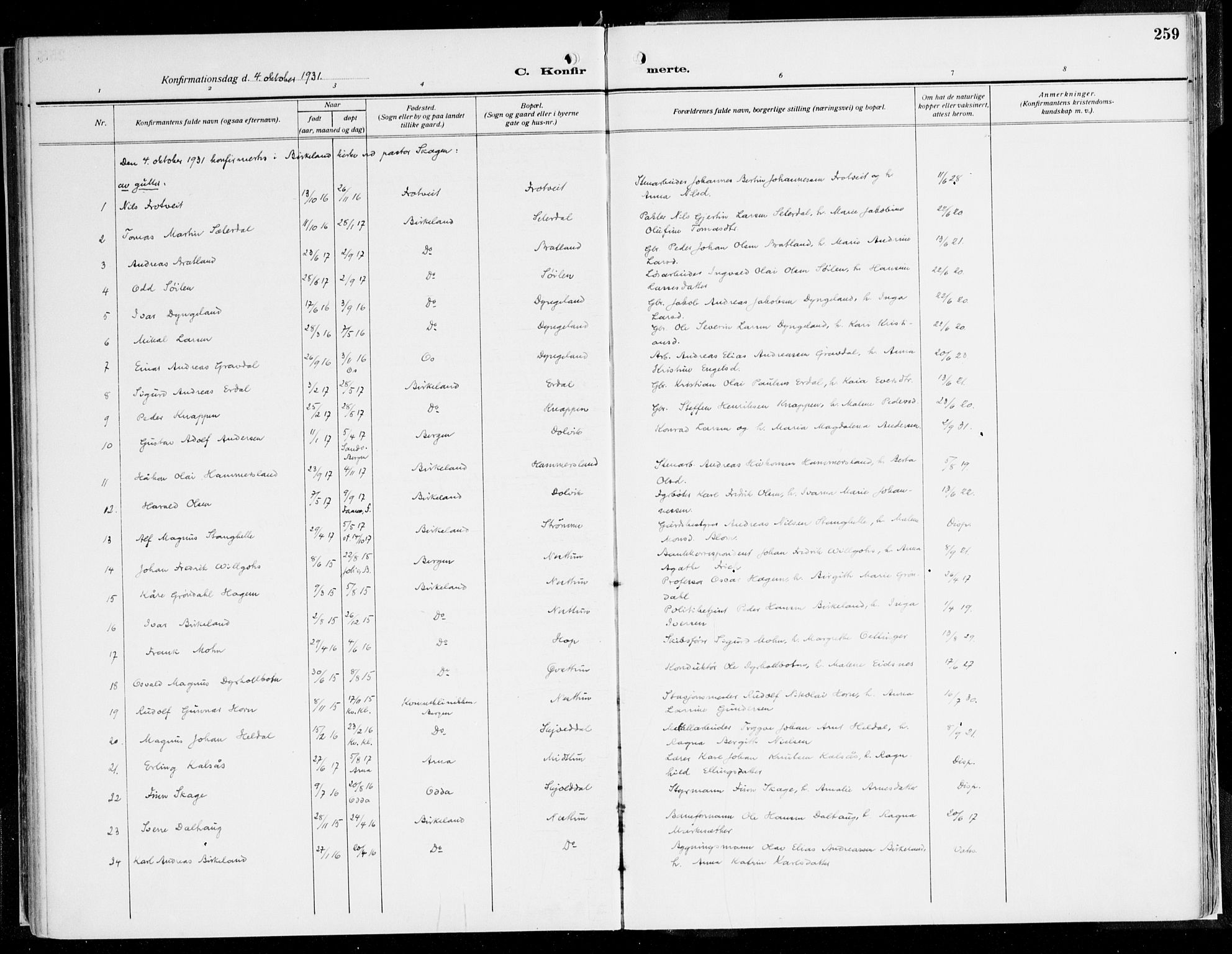 Fana Sokneprestembete, SAB/A-75101/H/Haa/Haaj/L0001: Parish register (official) no. J 1, 1921-1935, p. 259