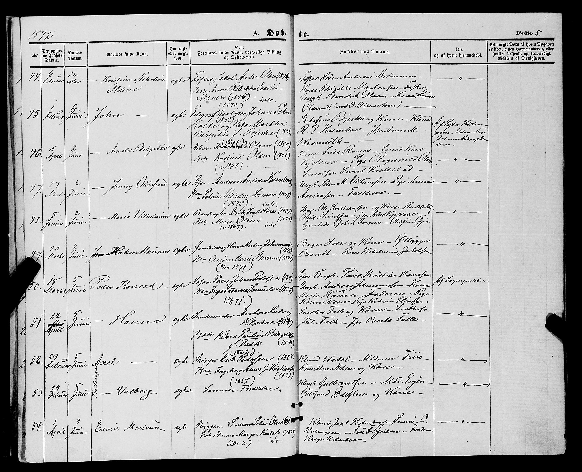 Tromsø sokneprestkontor/stiftsprosti/domprosti, SATØ/S-1343/G/Ga/L0013kirke: Parish register (official) no. 13, 1872-1877, p. 5