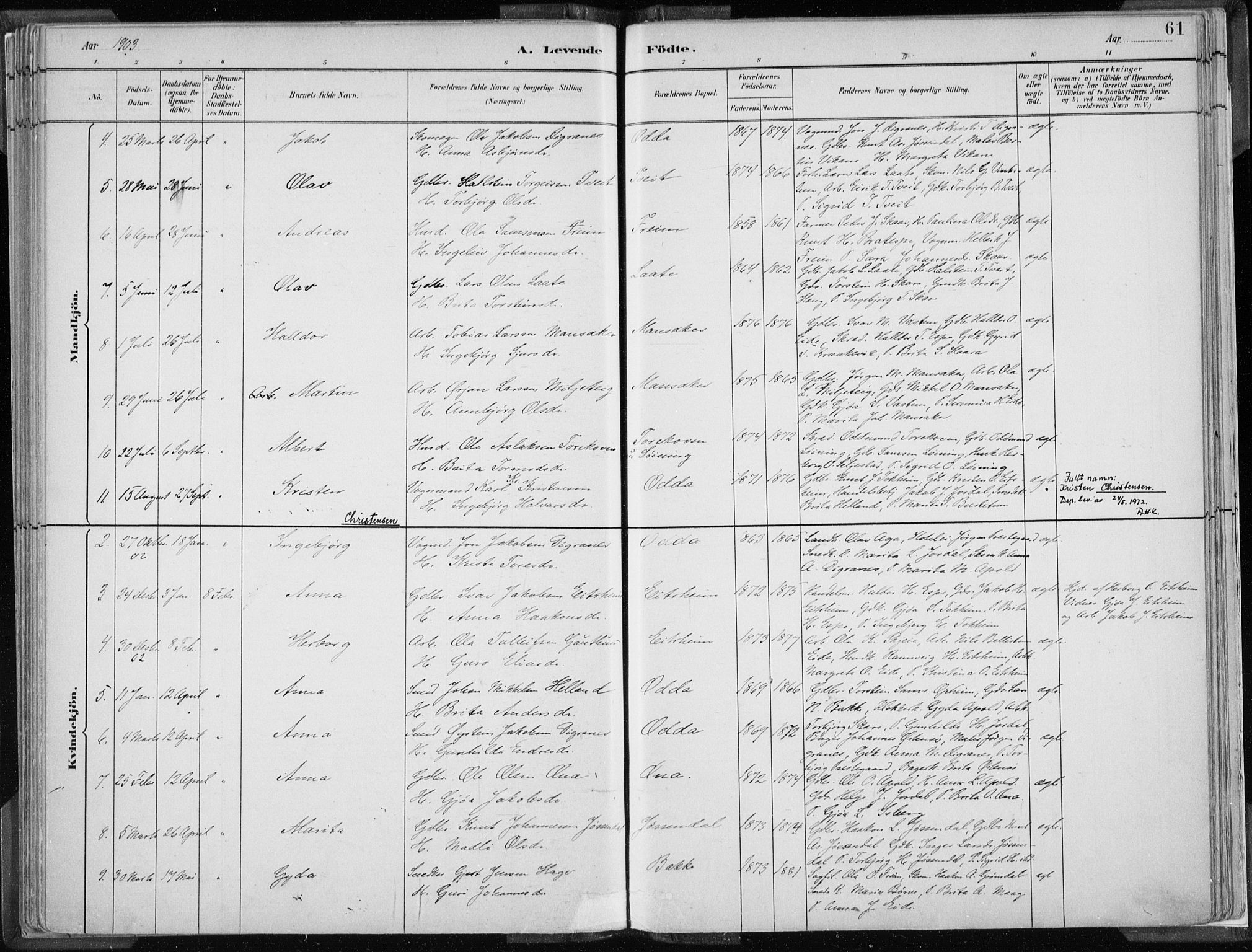 Odda Sokneprestembete, SAB/A-77201/H/Haa: Parish register (official) no. A  3, 1882-1913, p. 61