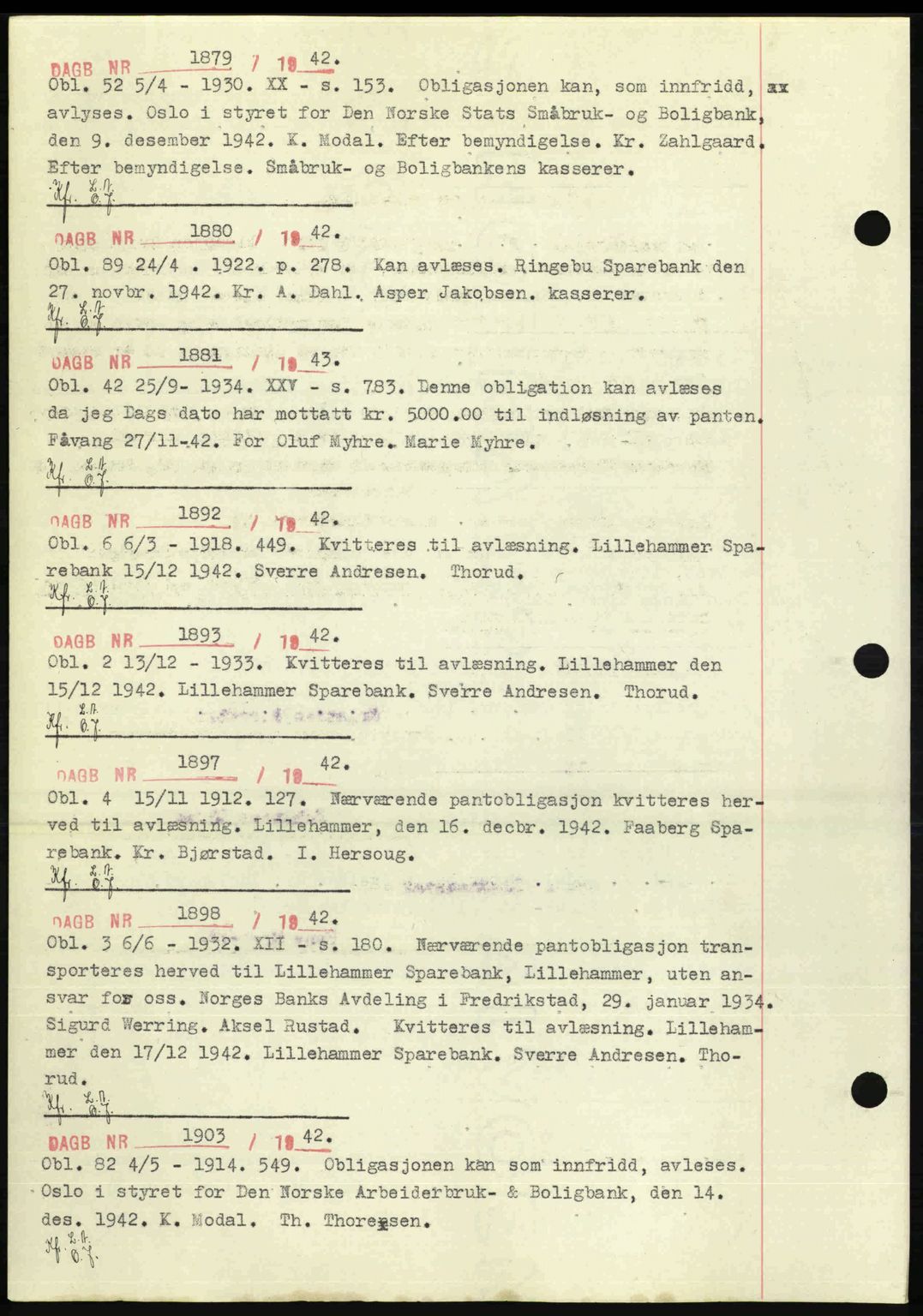 Sør-Gudbrandsdal tingrett, SAH/TING-004/H/Hb/Hbf/L0002: Mortgage book no. C1, 1938-1951, Diary no: : 1879/1942