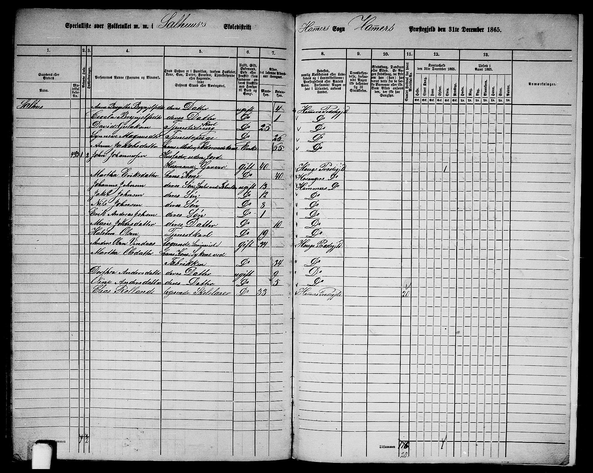 RA, 1865 census for Hamre, 1865, p. 225