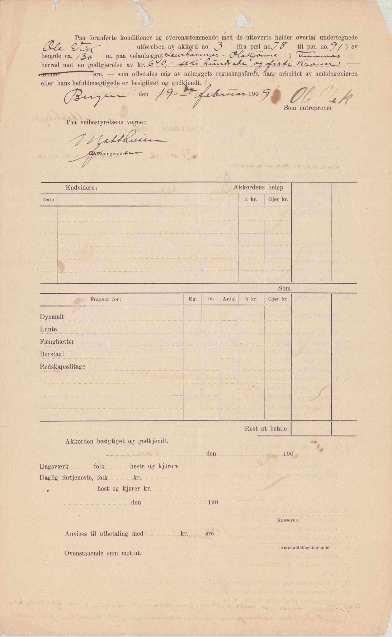 Finnaas kommune. Formannskapet, IKAH/1218a-021/E/Ea/L0001/0003: Rekneskap for veganlegg / Rekneskap for veganlegget Laurhammer - Olakjødn, 1909-1911, p. 6