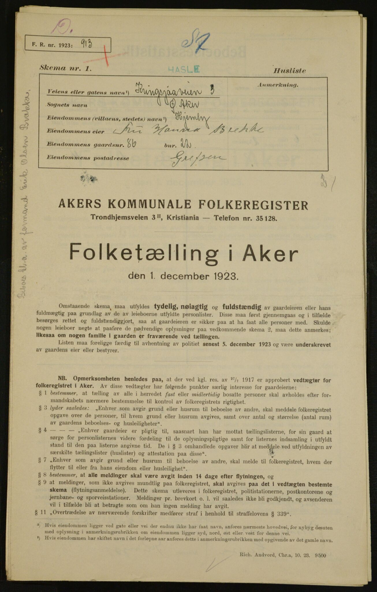 , Municipal Census 1923 for Aker, 1923, p. 28420