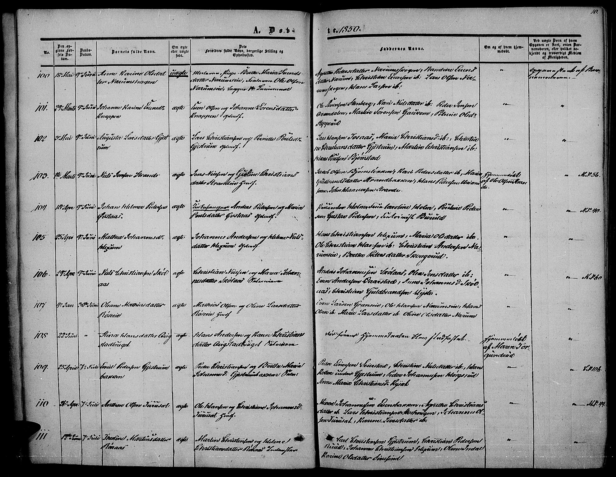 Vestre Toten prestekontor, AV/SAH-PREST-108/H/Ha/Haa/L0005: Parish register (official) no. 5, 1850-1855, p. 10