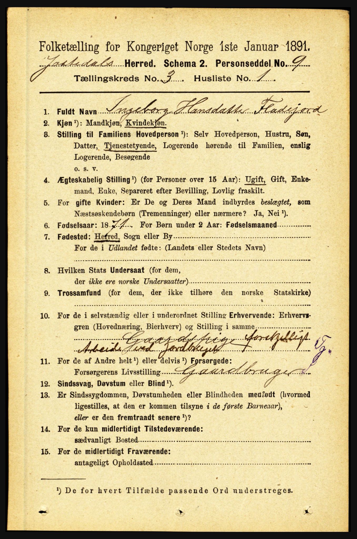 RA, 1891 census for 1427 Jostedal, 1891, p. 903