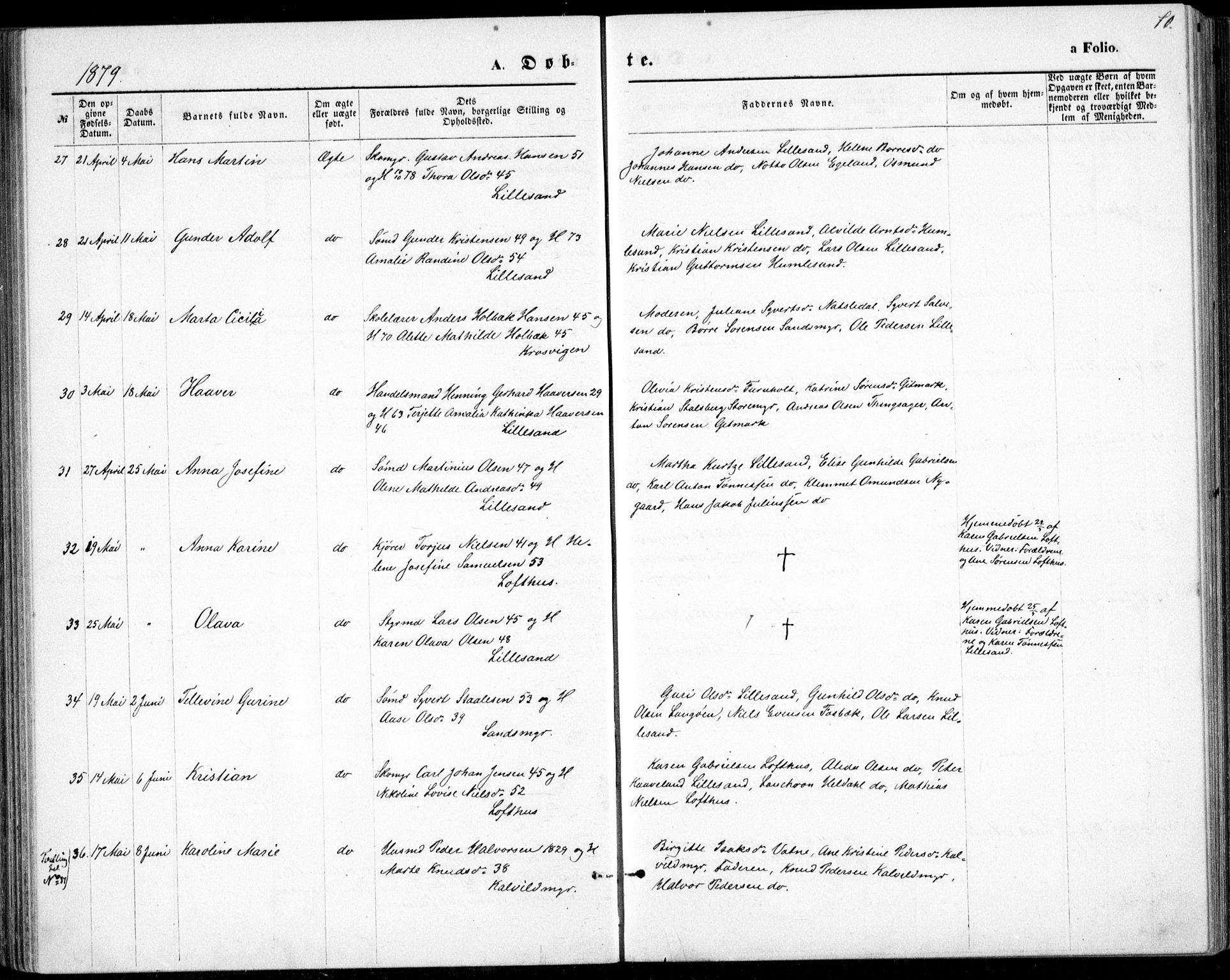 Vestre Moland sokneprestkontor, AV/SAK-1111-0046/F/Fb/Fbb/L0005: Parish register (copy) no. B 5, 1872-1883, p. 70