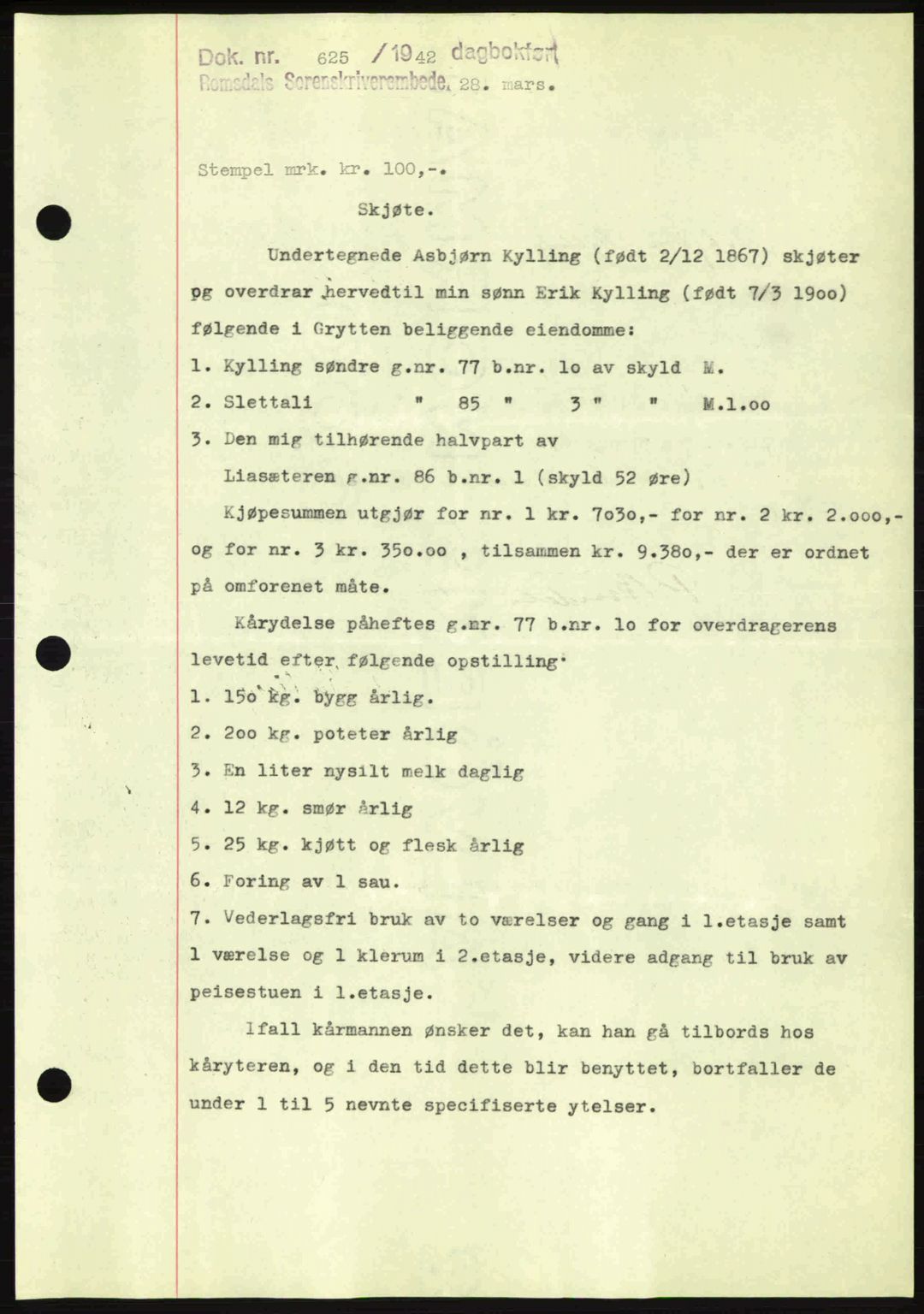 Romsdal sorenskriveri, AV/SAT-A-4149/1/2/2C: Mortgage book no. A12, 1942-1942, Diary no: : 625/1942