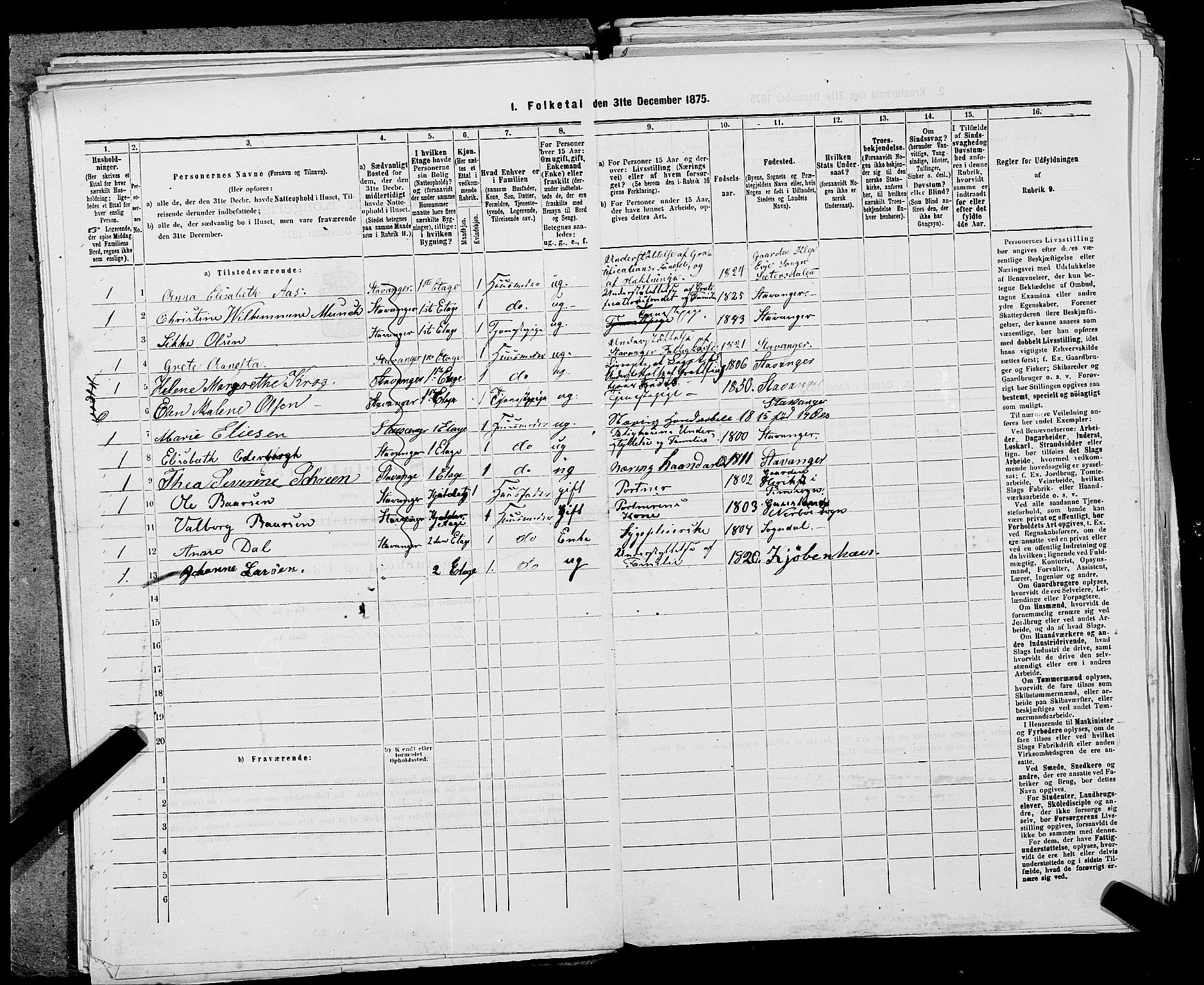 SAST, 1875 census for 1103 Stavanger, 1875, p. 310