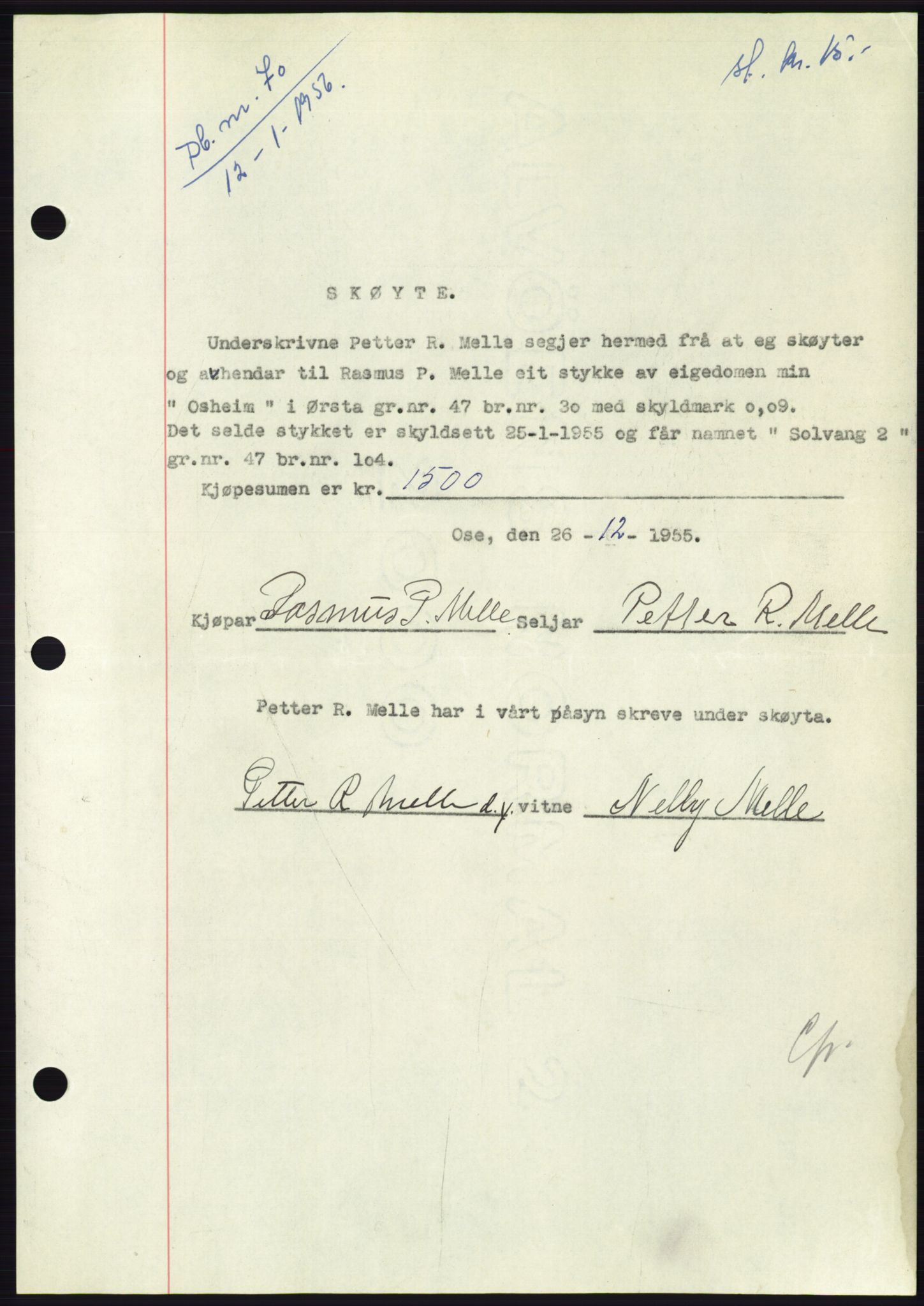 Søre Sunnmøre sorenskriveri, AV/SAT-A-4122/1/2/2C/L0102: Mortgage book no. 28A, 1955-1956, Diary no: : 70/1956
