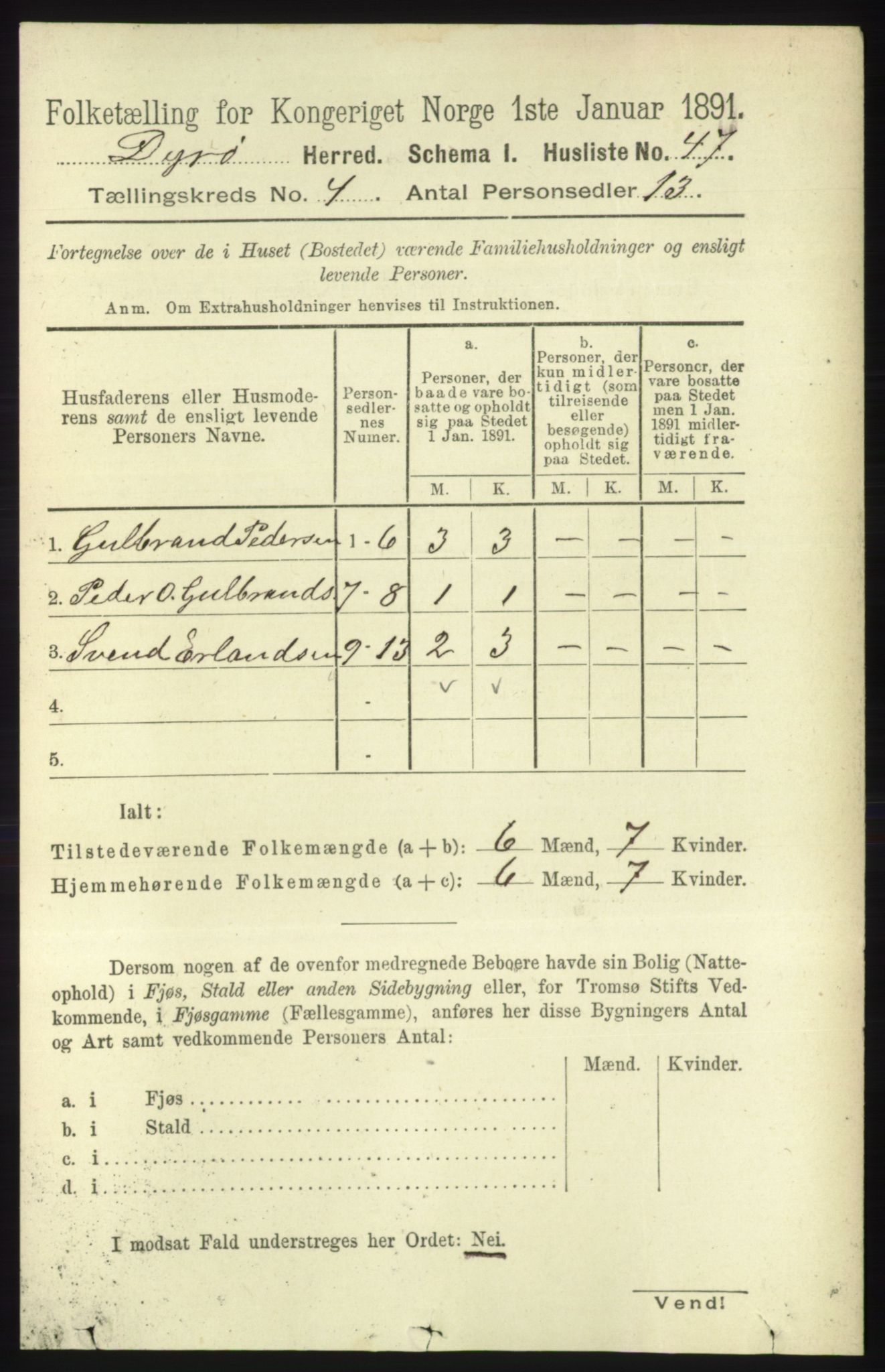 RA, 1891 census for 1926 Dyrøy, 1891, p. 1497