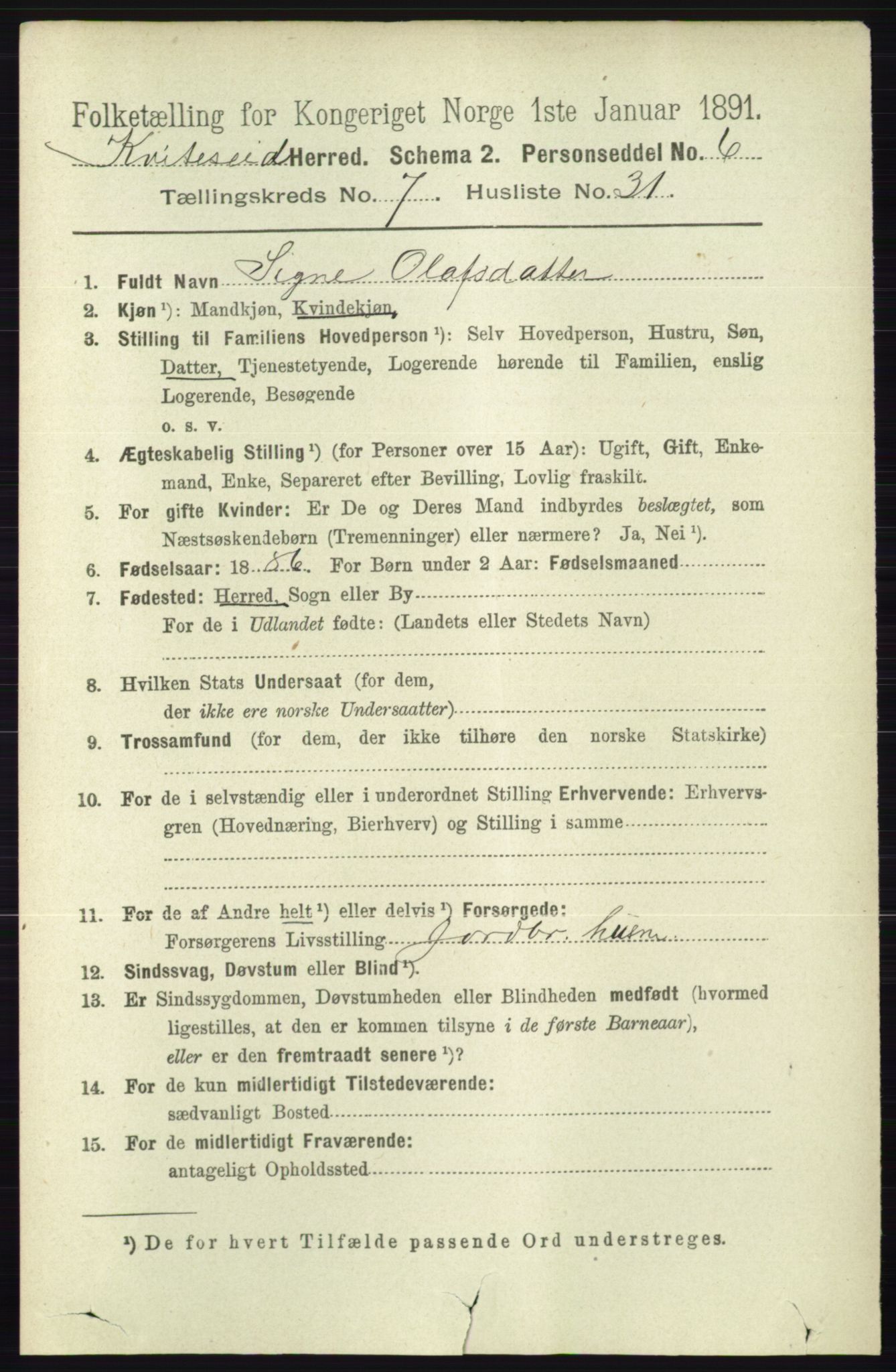 RA, 1891 census for 0829 Kviteseid, 1891, p. 1537