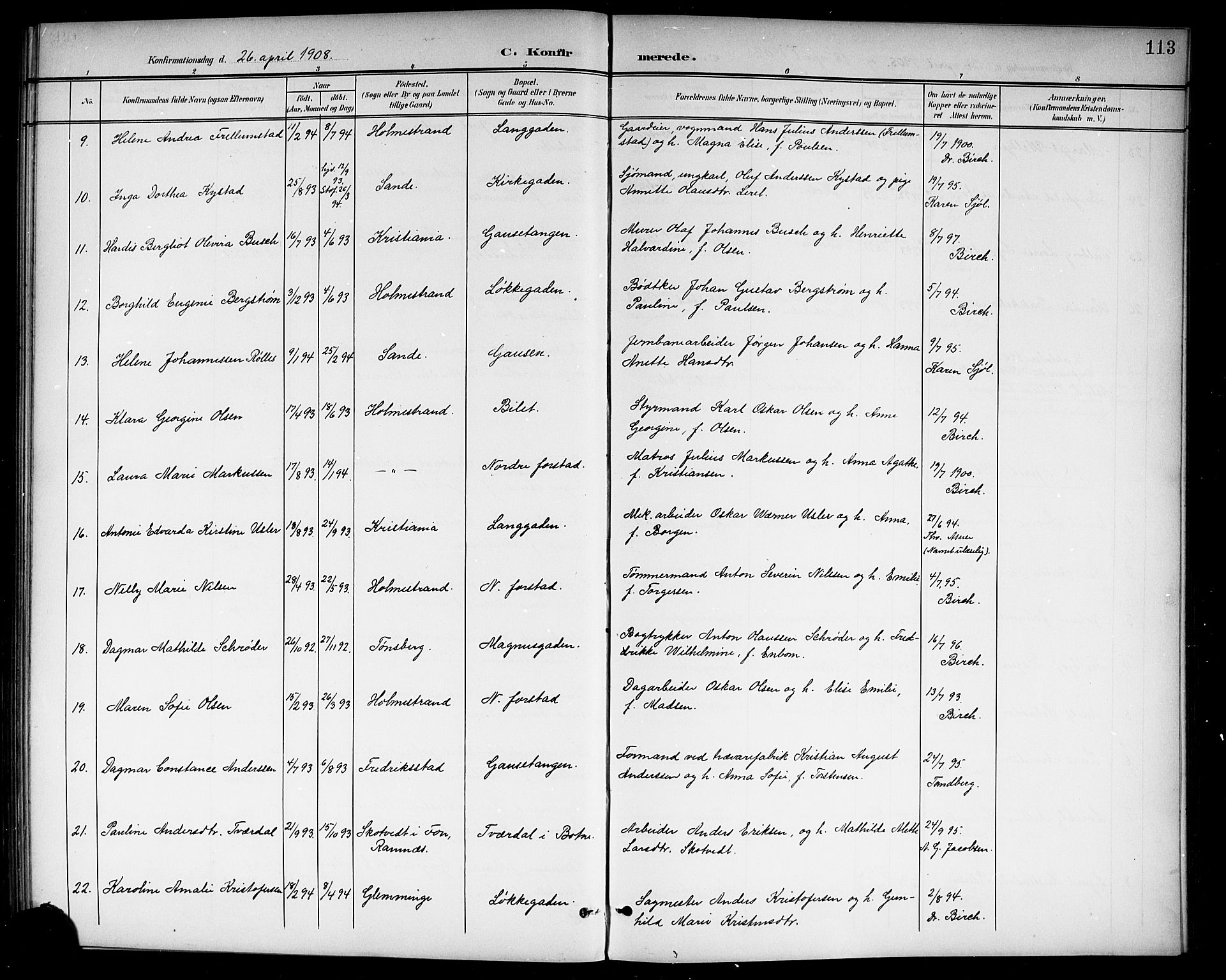 Holmestrand kirkebøker, AV/SAKO-A-346/G/Ga/L0006: Parish register (copy) no. 6, 1901-1923, p. 113