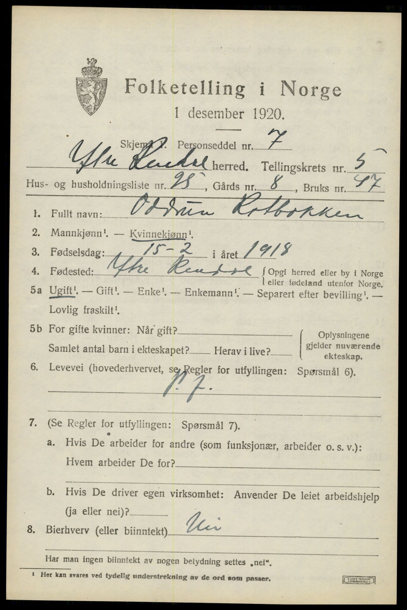 SAH, 1920 census for Ytre Rendal, 1920, p. 2933