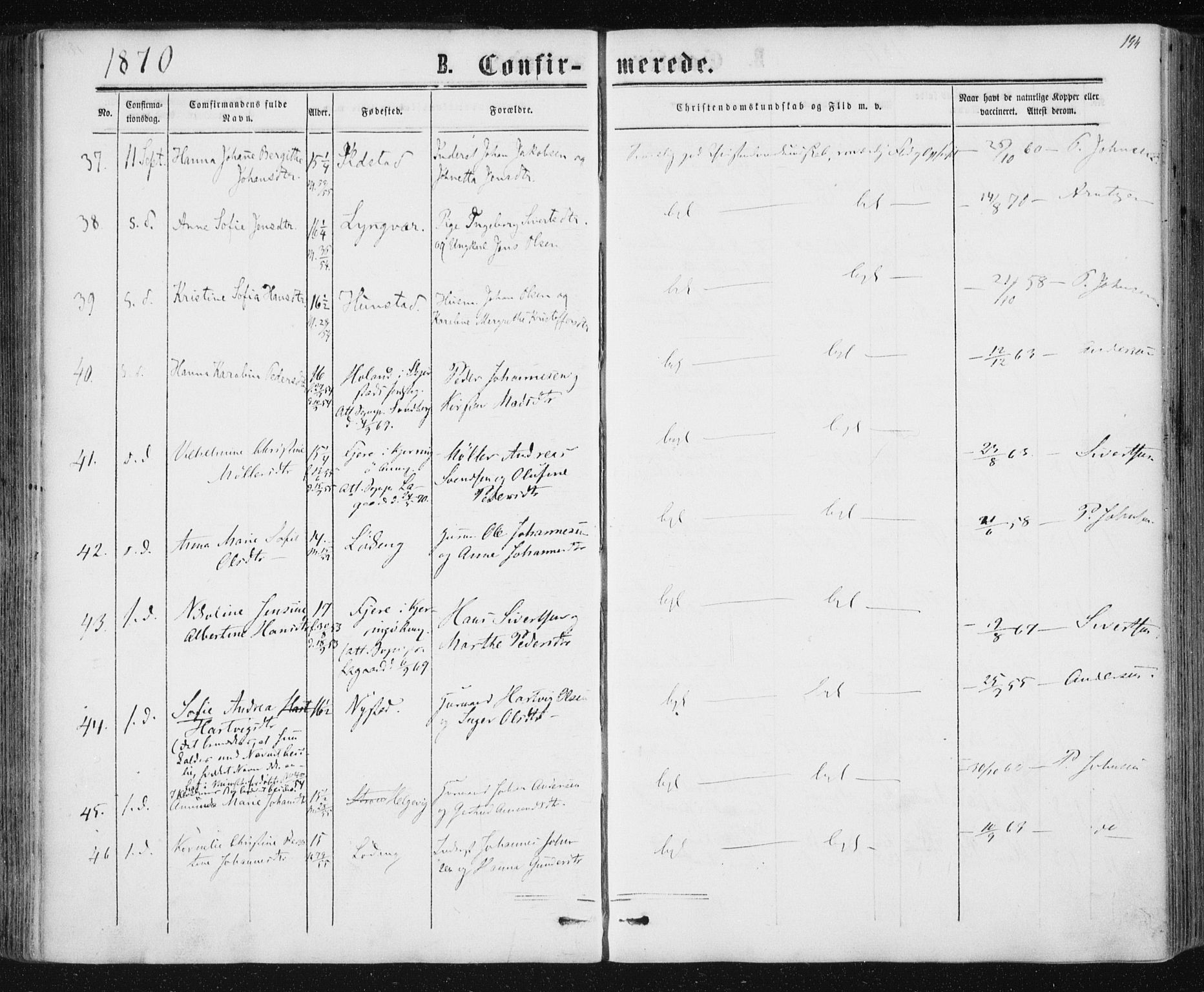 Ministerialprotokoller, klokkerbøker og fødselsregistre - Nordland, AV/SAT-A-1459/801/L0008: Parish register (official) no. 801A08, 1864-1875, p. 194