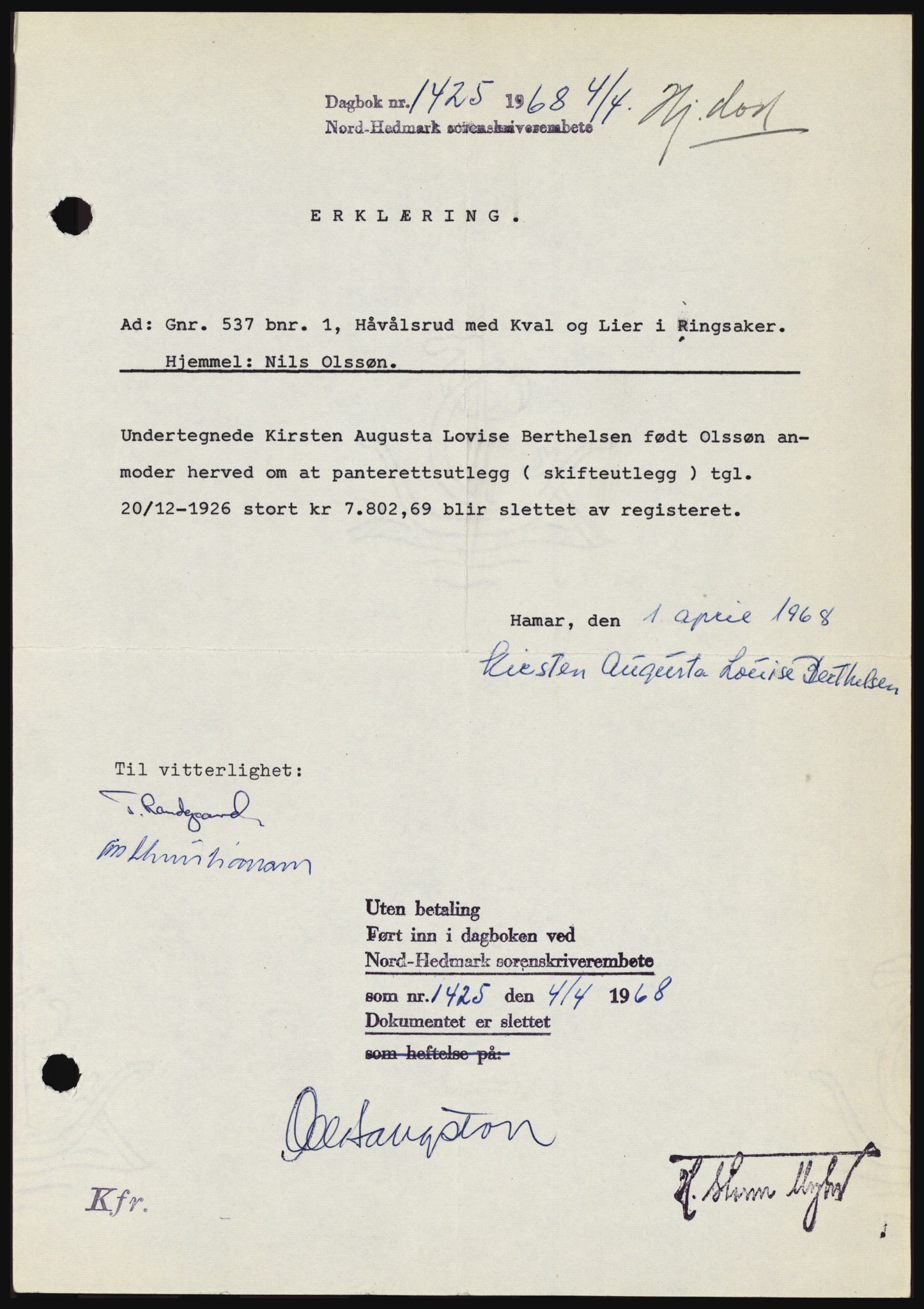 Nord-Hedmark sorenskriveri, SAH/TING-012/H/Hc/L0027: Mortgage book no. 27, 1967-1968, Diary no: : 1425/1968