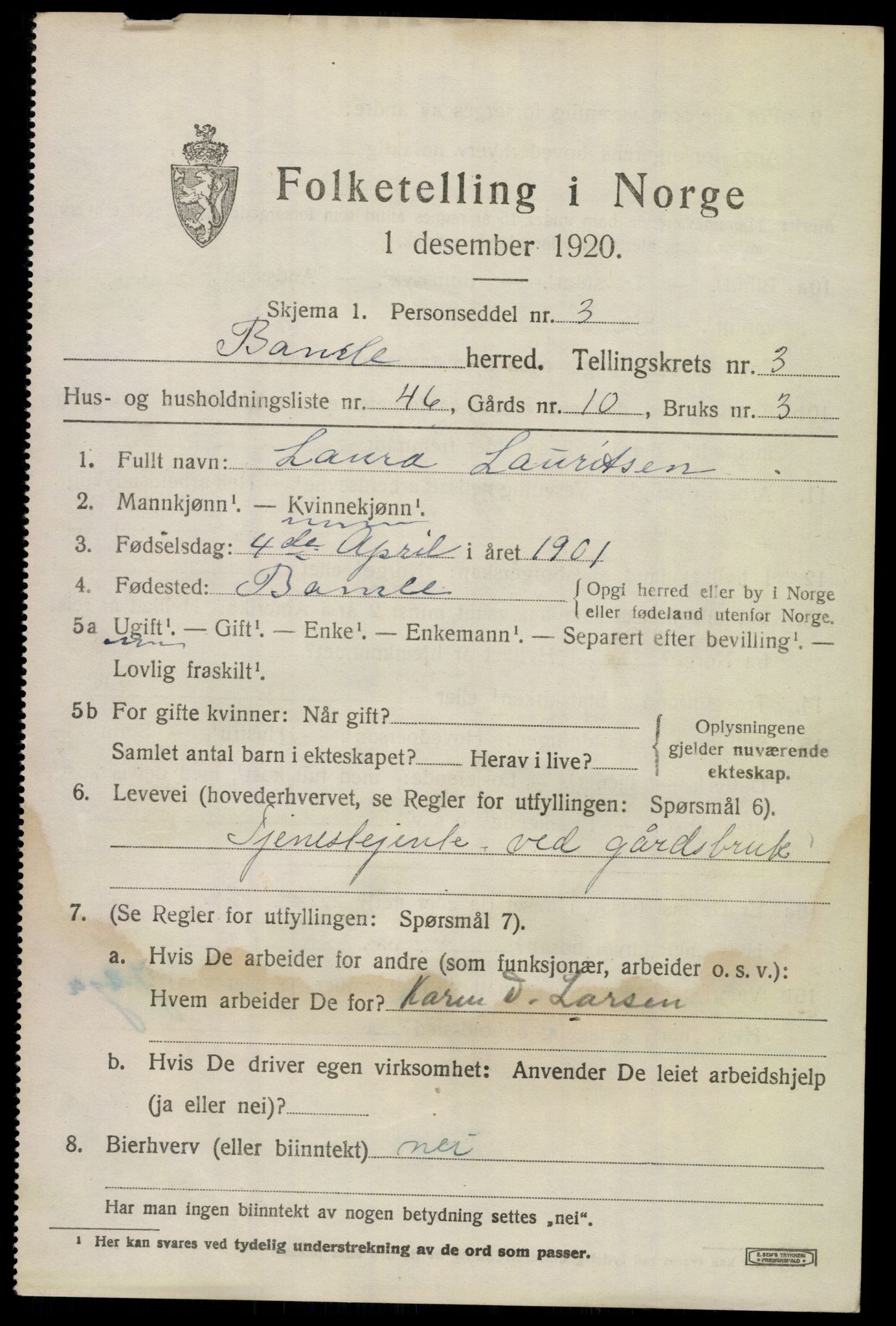 SAKO, 1920 census for Bamble, 1920, p. 4303