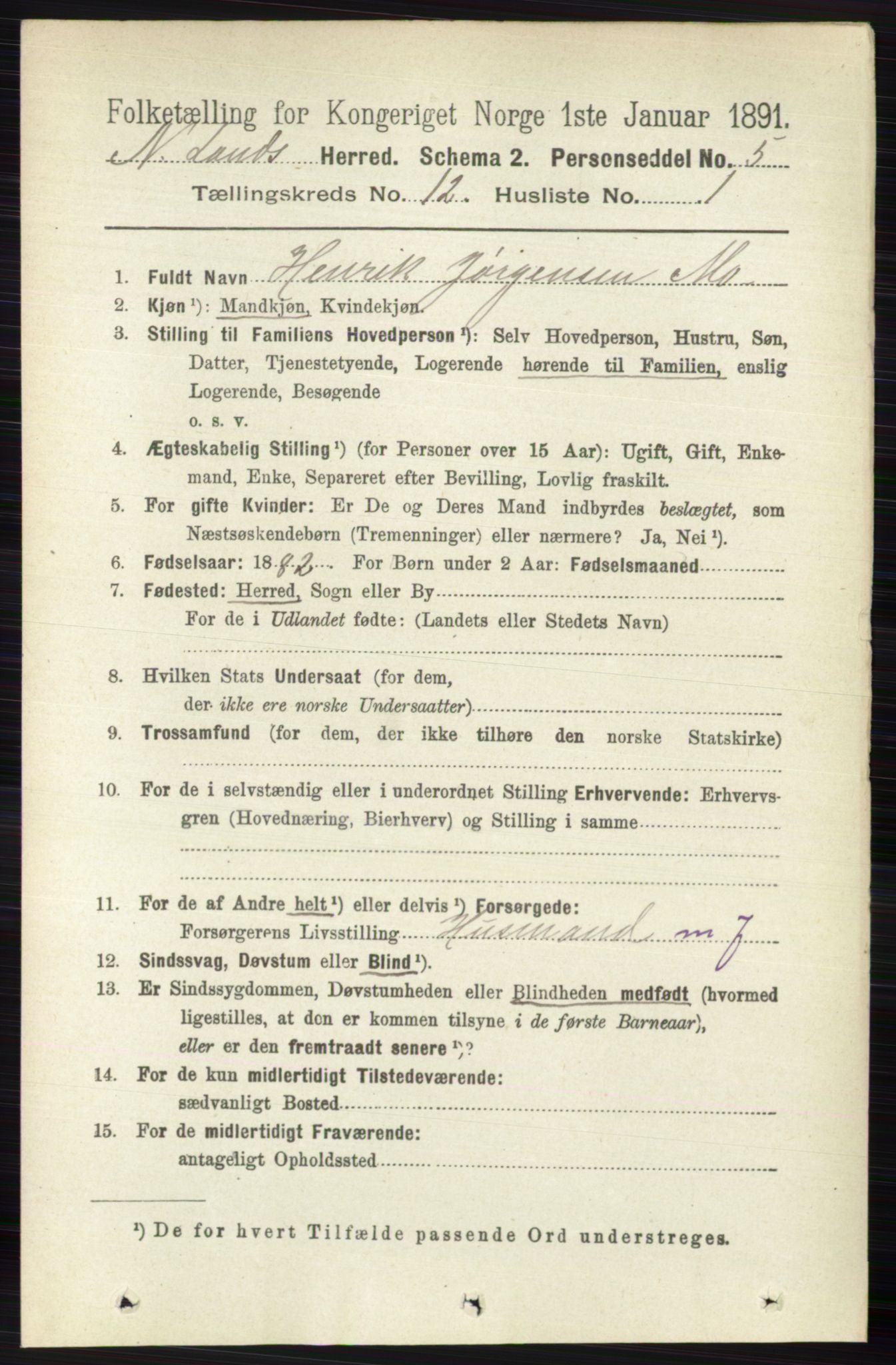 RA, 1891 census for 0538 Nordre Land, 1891, p. 3228