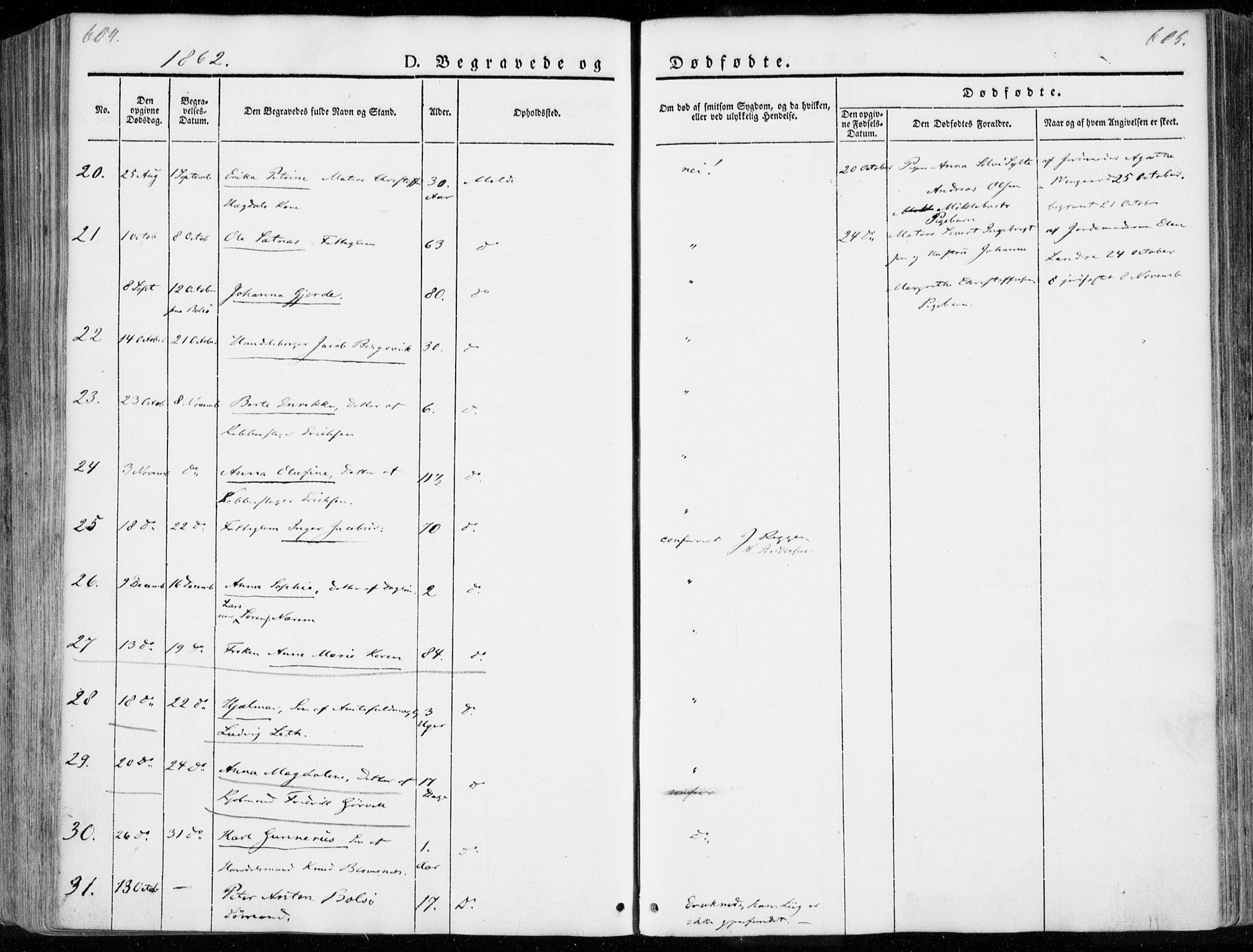 Ministerialprotokoller, klokkerbøker og fødselsregistre - Møre og Romsdal, SAT/A-1454/558/L0689: Parish register (official) no. 558A03, 1843-1872, p. 604-605