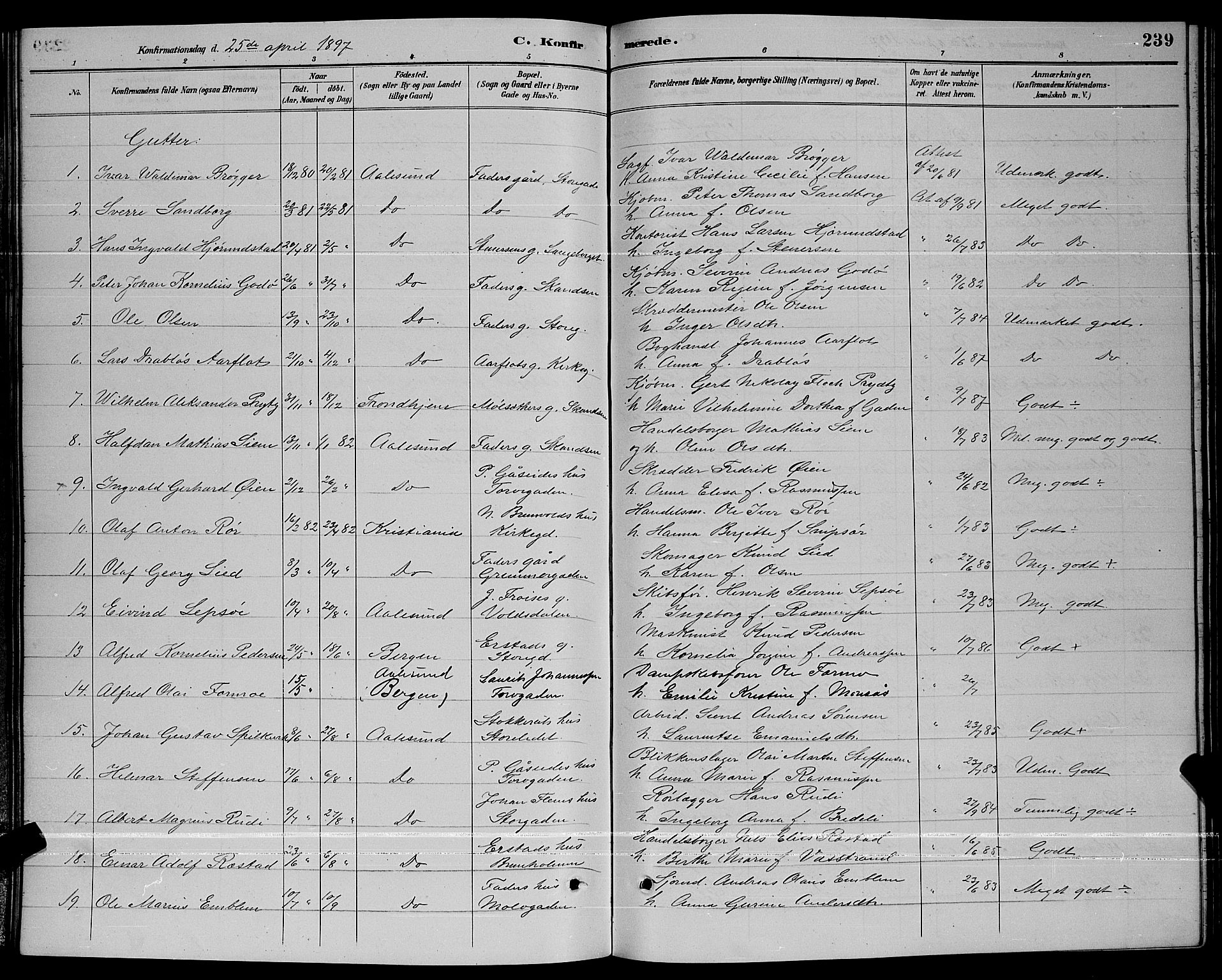 Ministerialprotokoller, klokkerbøker og fødselsregistre - Møre og Romsdal, AV/SAT-A-1454/529/L0467: Parish register (copy) no. 529C04, 1889-1897, p. 239