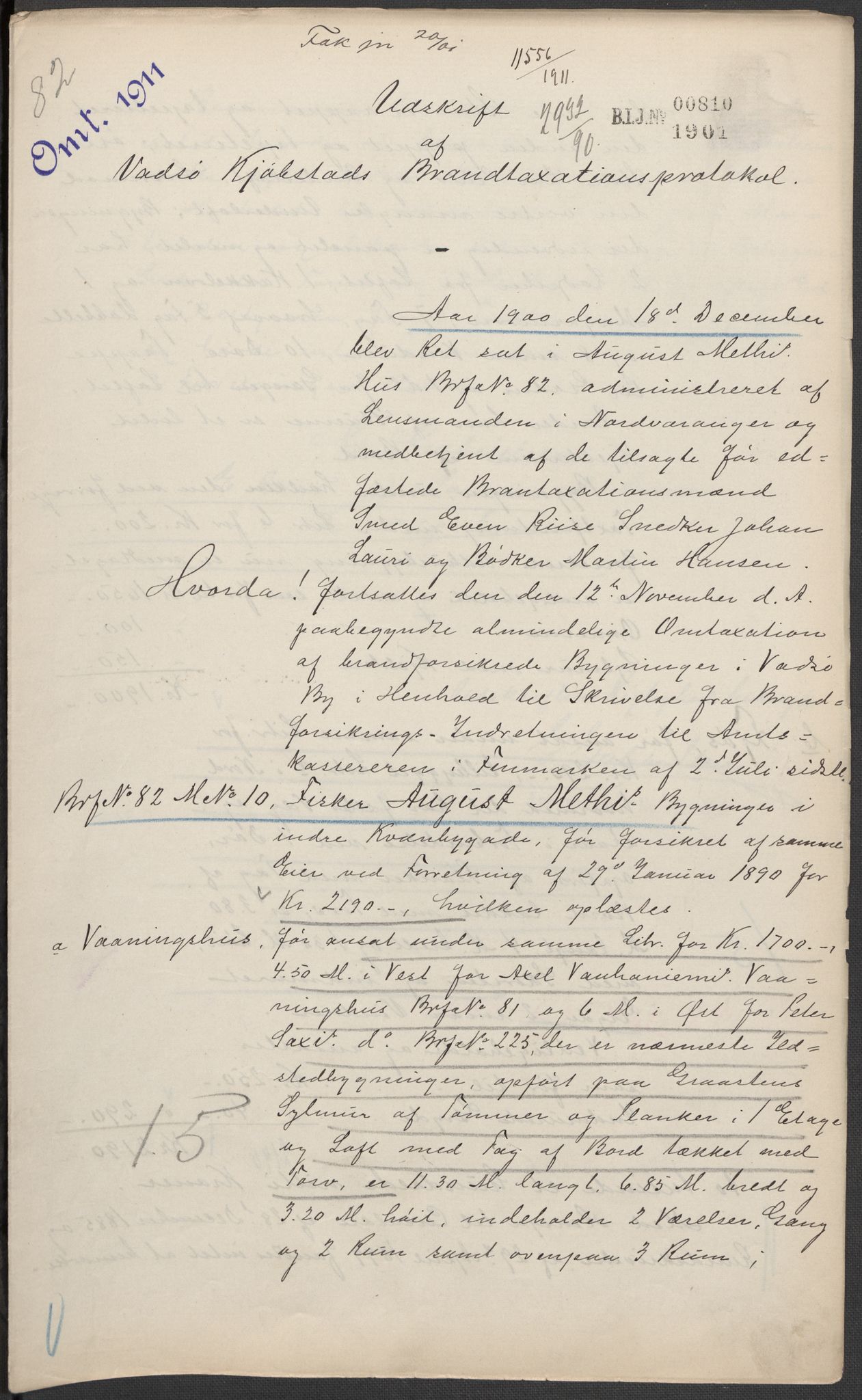 Norges Brannkasse, AV/RA-S-1549/E/Eu/L0010: Branntakster for Vadsø by, 1854-1949, p. 20