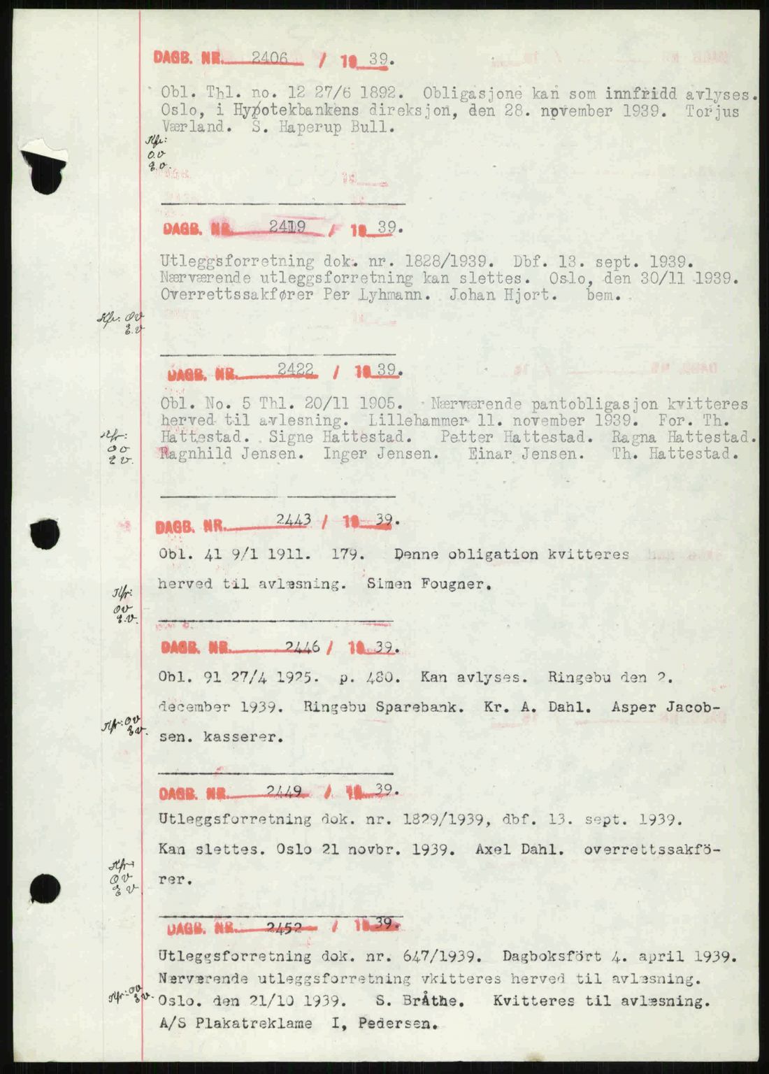 Sør-Gudbrandsdal tingrett, SAH/TING-004/H/Hb/Hbf/L0002: Mortgage book no. C1, 1938-1951, Diary no: : 2406/1939