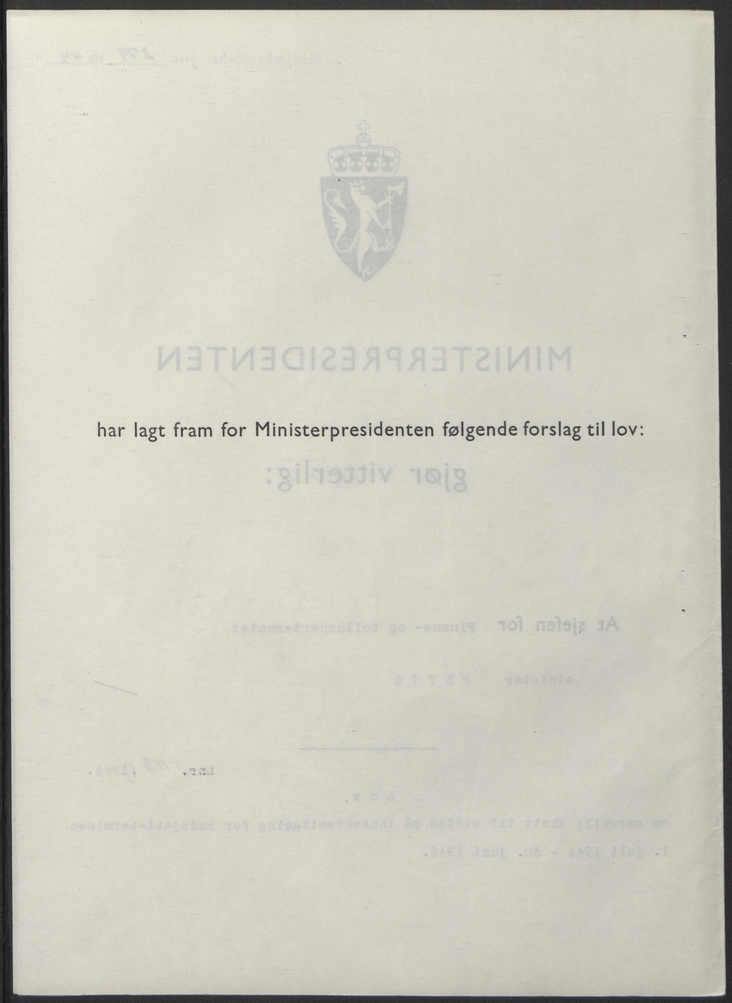 NS-administrasjonen 1940-1945 (Statsrådsekretariatet, de kommisariske statsråder mm), RA/S-4279/D/Db/L0100: Lover, 1944, p. 535