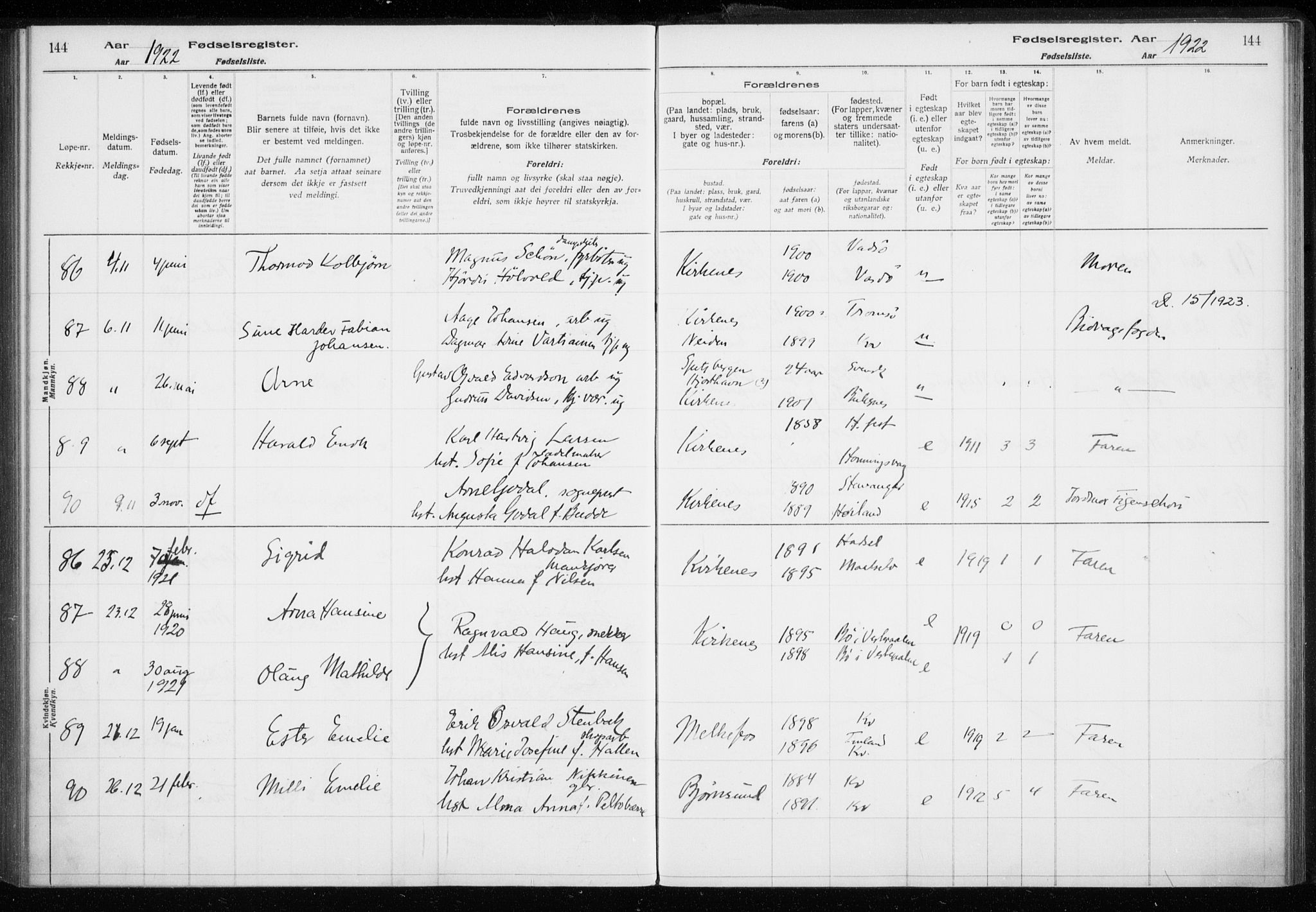 Sør-Varanger sokneprestkontor, AV/SATØ-S-1331/I/Ia/L0016: Birth register no. 16, 1915-1925, p. 144