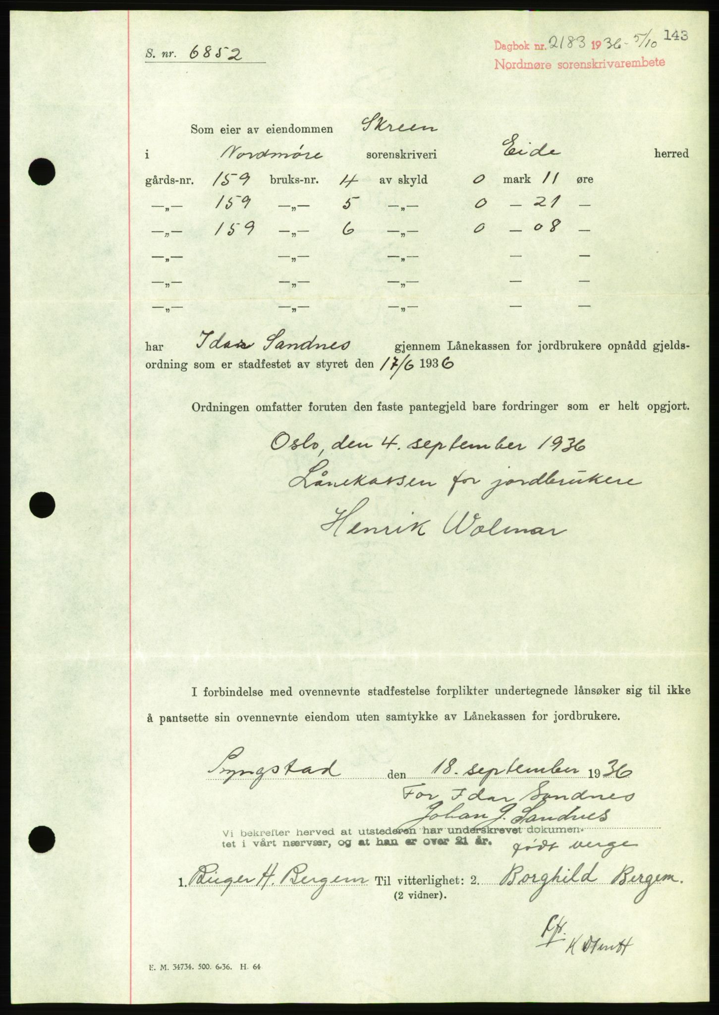 Nordmøre sorenskriveri, AV/SAT-A-4132/1/2/2Ca/L0090: Mortgage book no. B80, 1936-1937, Diary no: : 2183/1936