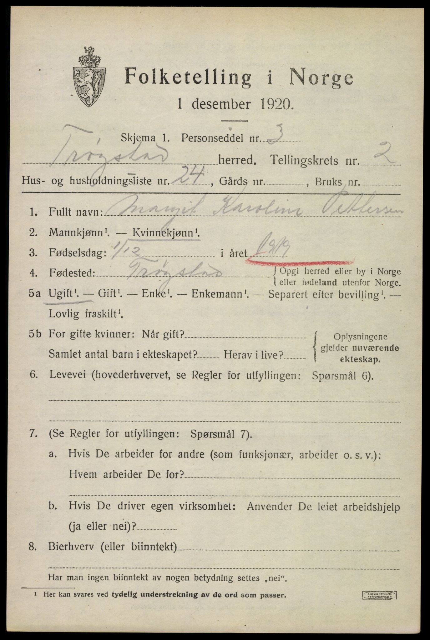 SAO, 1920 census for Trøgstad, 1920, p. 2366