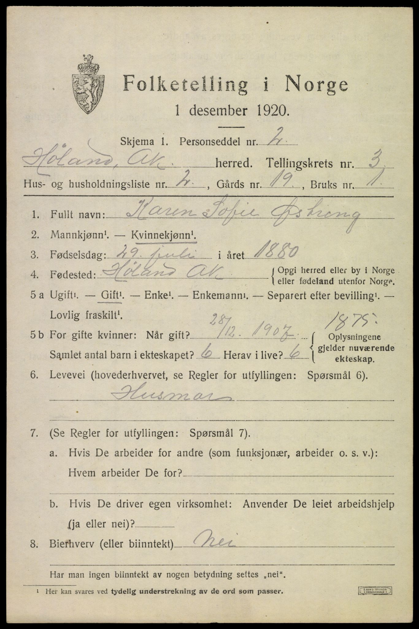 SAO, 1920 census for Høland, 1920, p. 5059