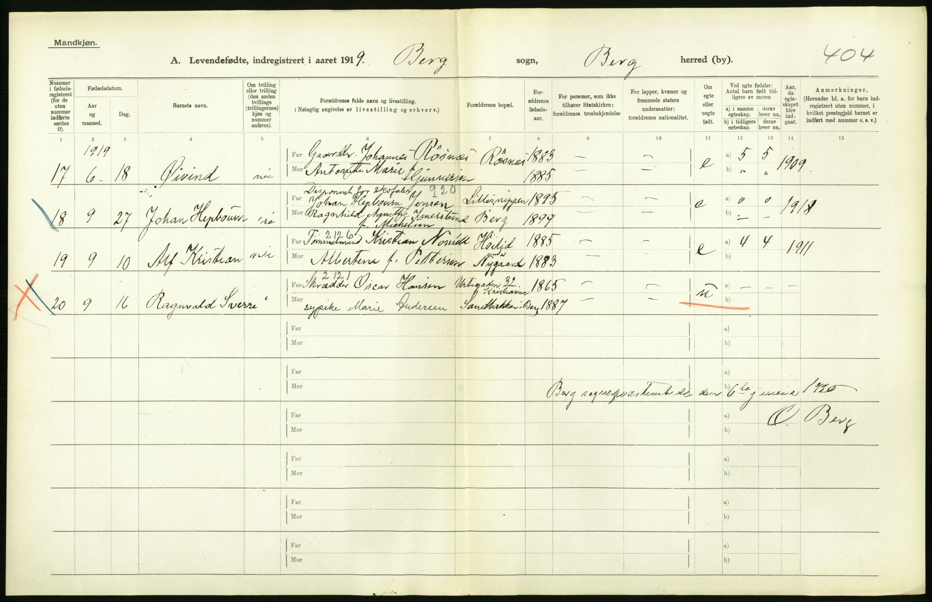 Statistisk sentralbyrå, Sosiodemografiske emner, Befolkning, RA/S-2228/D/Df/Dfb/Dfbi/L0001: Østfold fylke: Levendefødte menn og kvinner. Bygder., 1919, p. 496