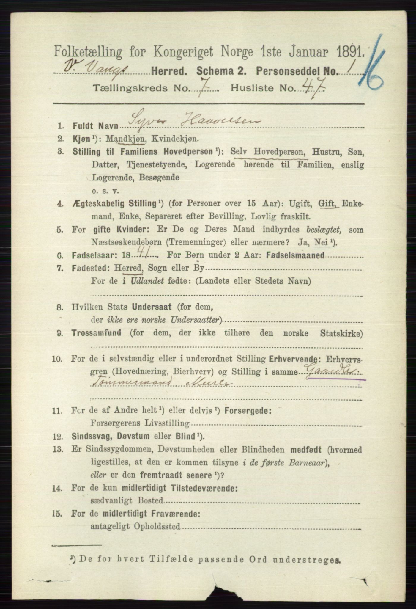 RA, 1891 census for 0545 Vang, 1891, p. 1705