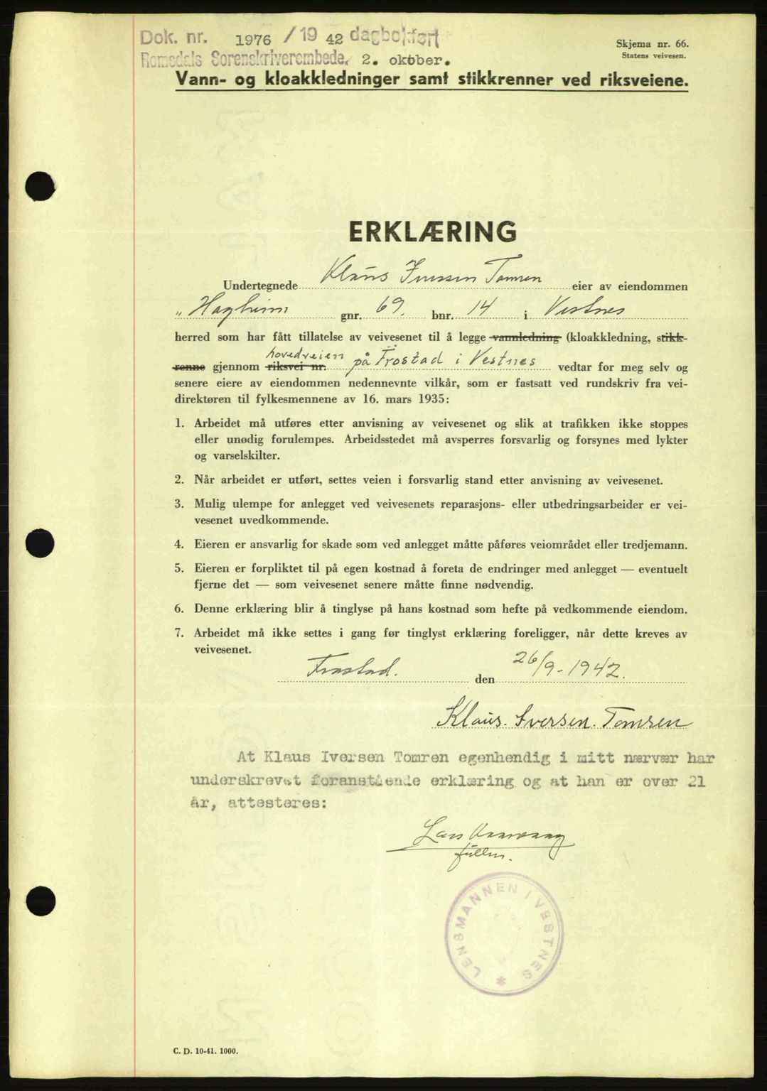 Romsdal sorenskriveri, AV/SAT-A-4149/1/2/2C: Mortgage book no. A12, 1942-1942, Diary no: : 1976/1942