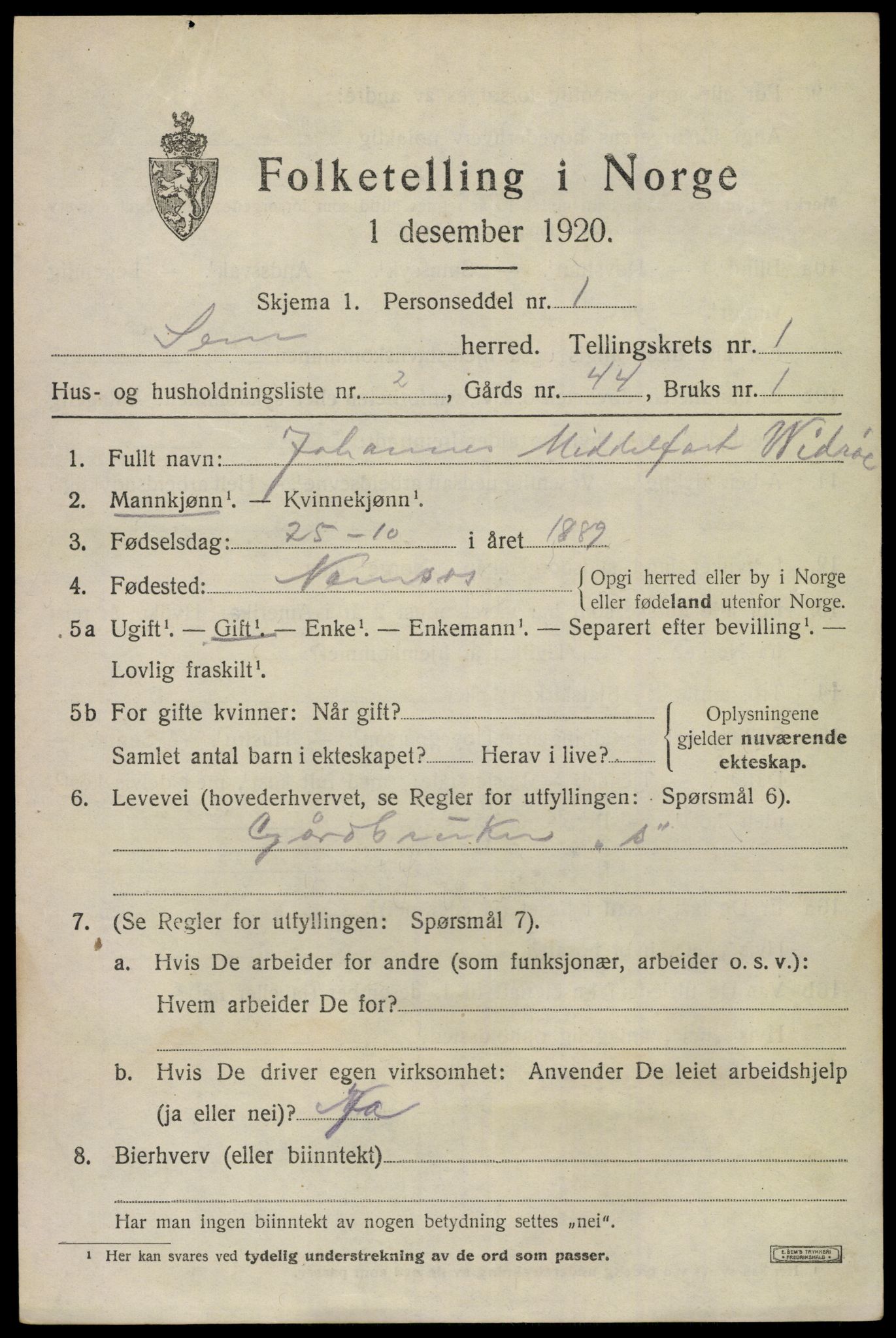 SAKO, 1920 census for Sem, 1920, p. 2787