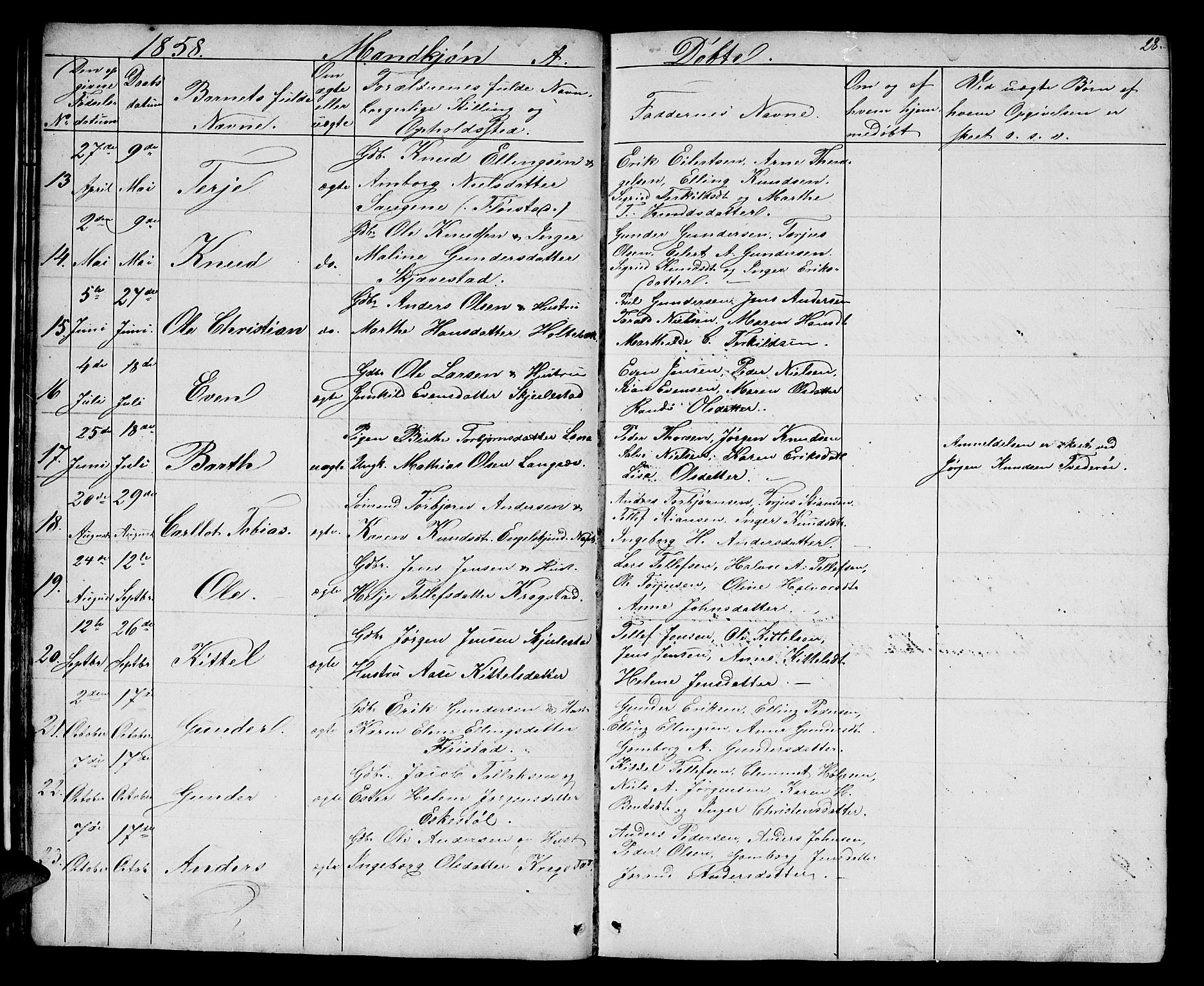 Austre Moland sokneprestkontor, AV/SAK-1111-0001/F/Fb/Fba/L0001: Parish register (copy) no. B 1, 1842-1868, p. 28