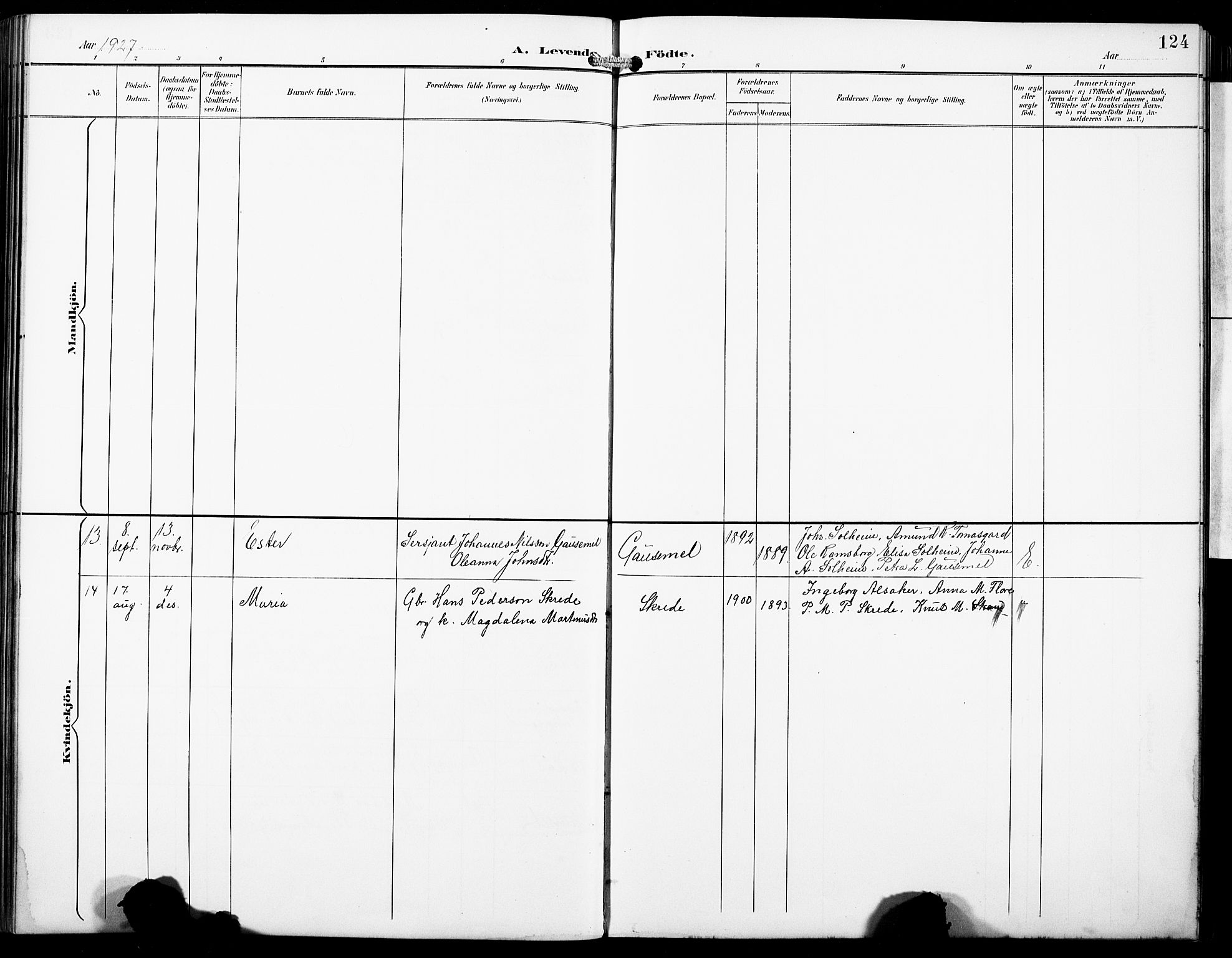 Hornindal sokneprestembete, SAB/A-82401/H/Hab: Parish register (copy) no. A 2, 1894-1927, p. 124