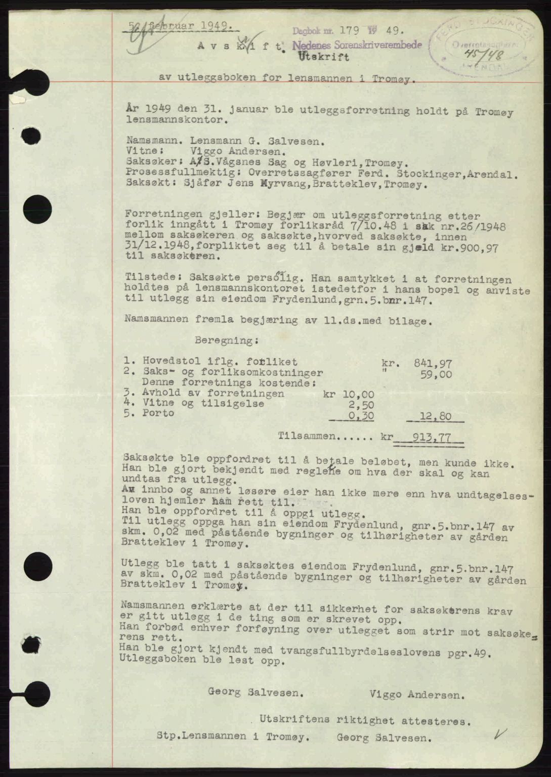 Nedenes sorenskriveri, SAK/1221-0006/G/Gb/Gba/L0060: Mortgage book no. A12, 1948-1949, Diary no: : 179/1949