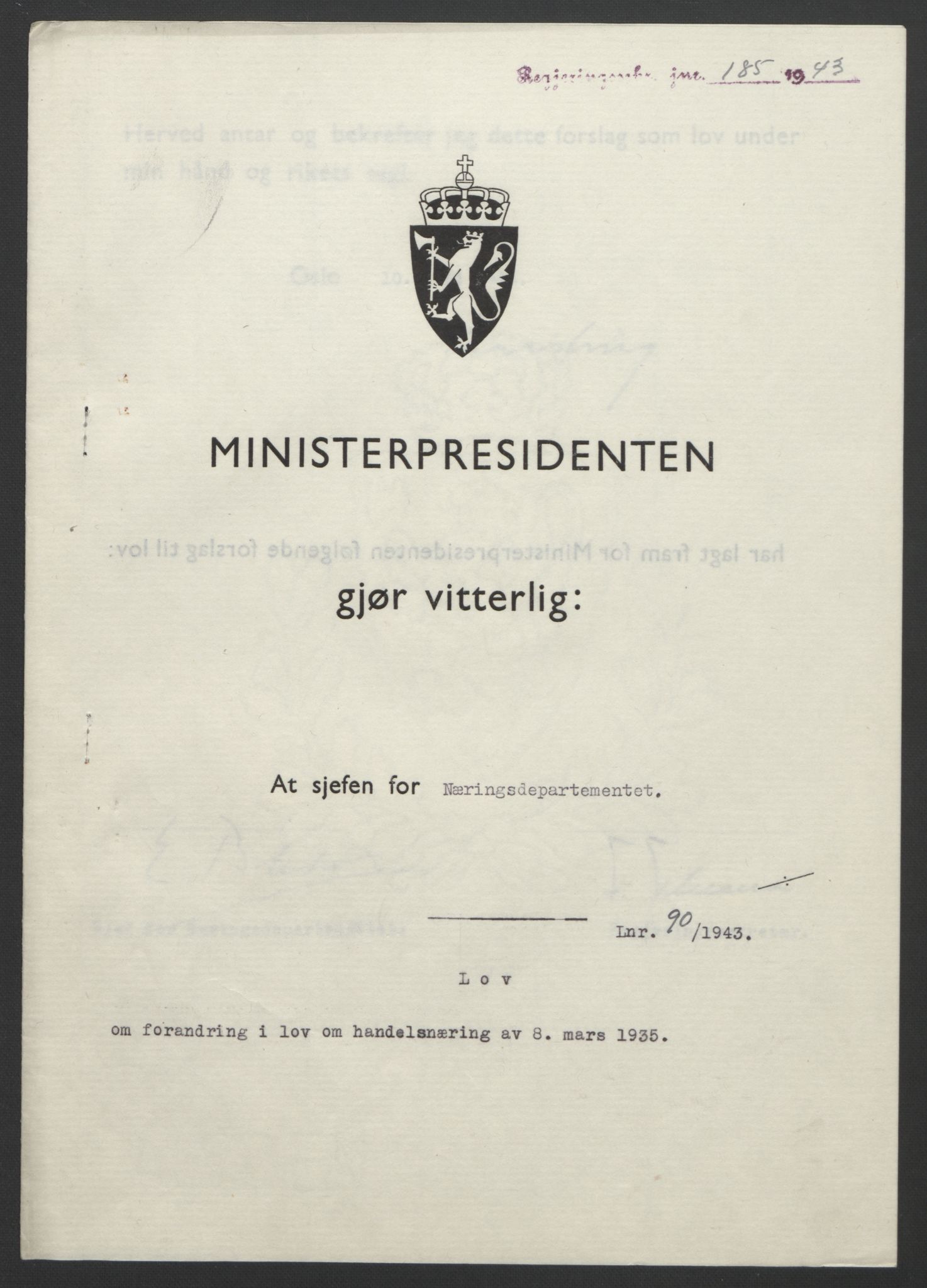 NS-administrasjonen 1940-1945 (Statsrådsekretariatet, de kommisariske statsråder mm), RA/S-4279/D/Db/L0099: Lover, 1943, p. 408