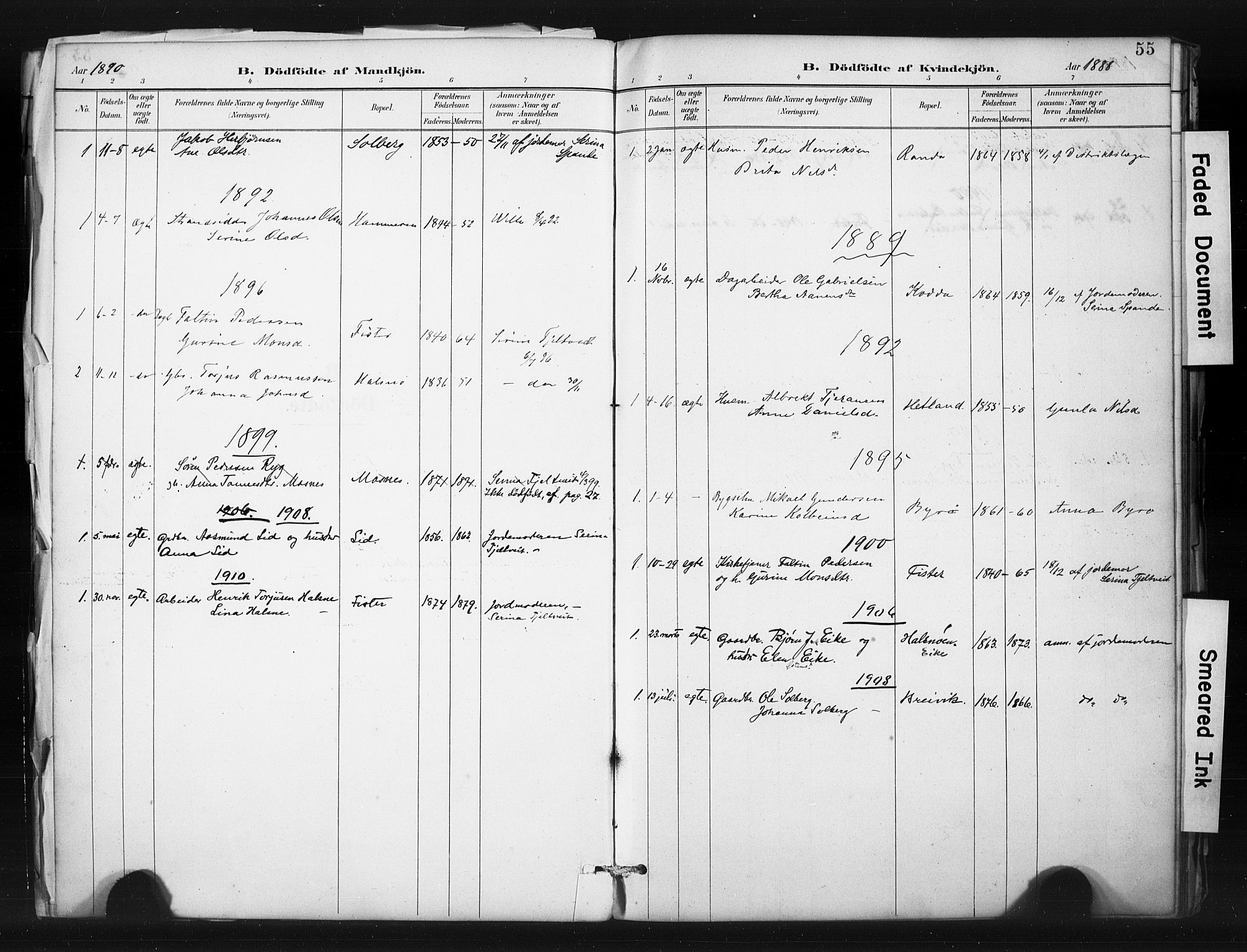 Hjelmeland sokneprestkontor, SAST/A-101843/01/IV/L0015: Parish register (official) no. A 15, 1887-1910, p. 55