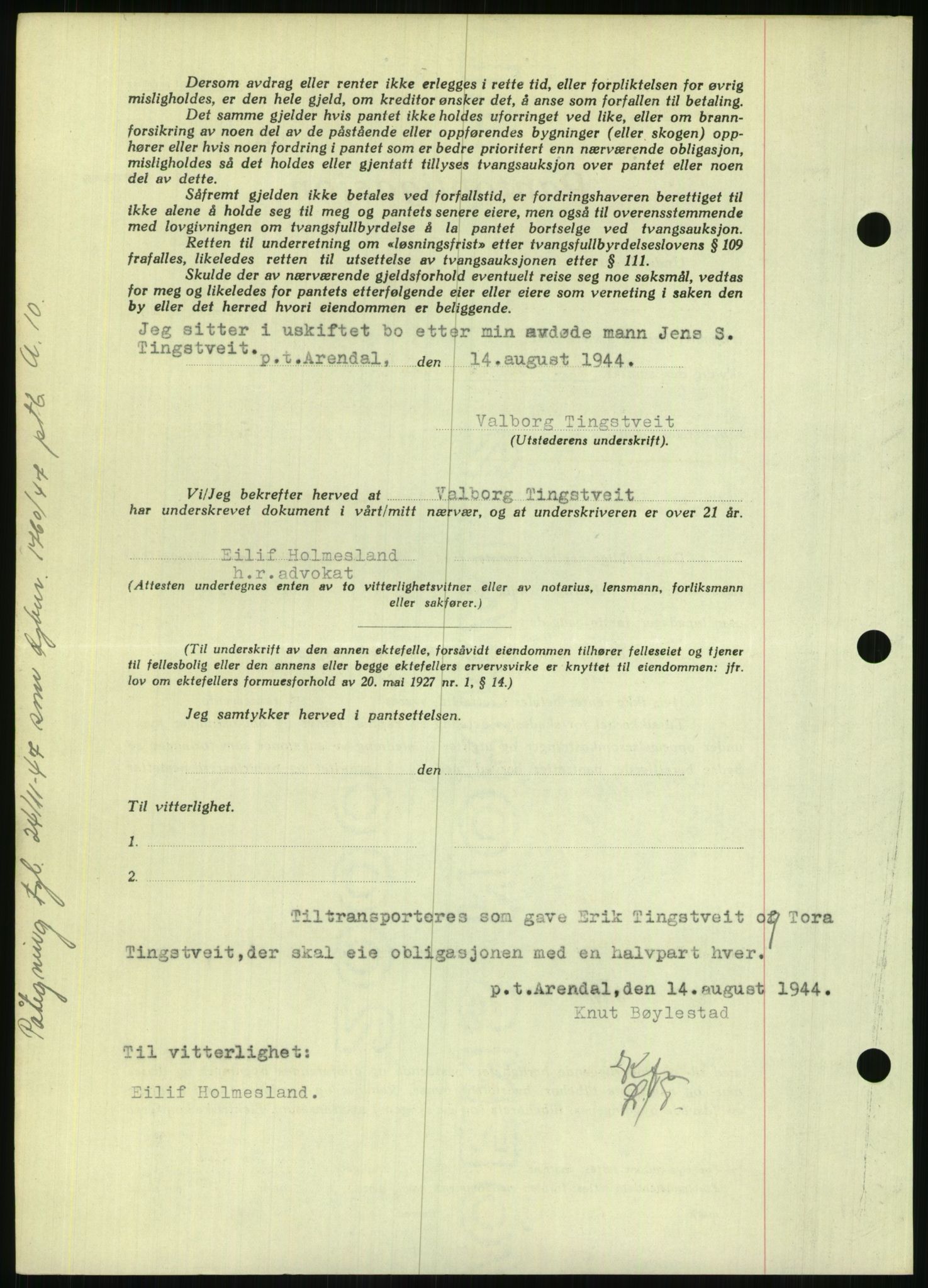 Nedenes sorenskriveri, AV/SAK-1221-0006/G/Gb/Gbb/L0002: Mortgage book no. II, 1942-1945, Diary no: : 696/1944