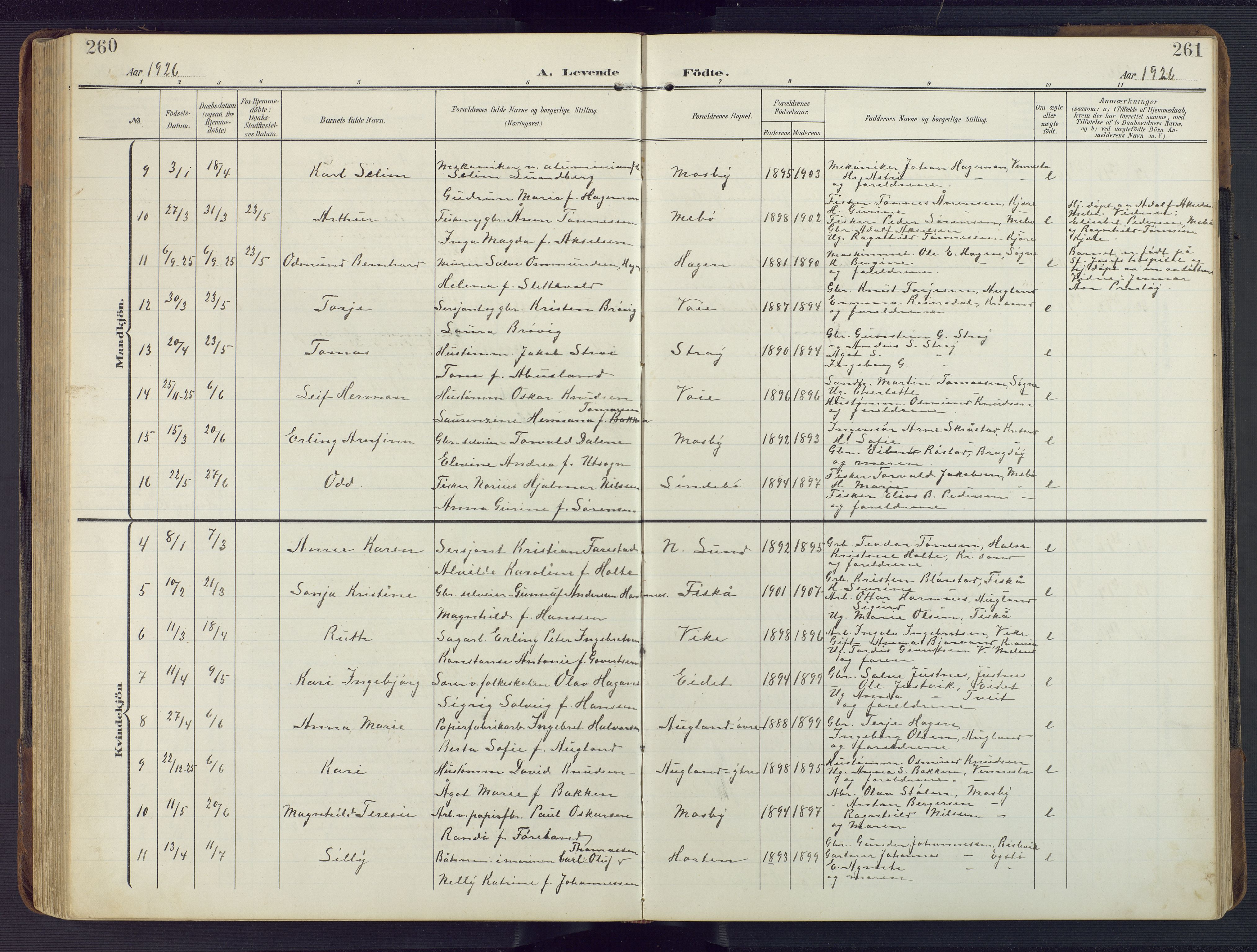 Oddernes sokneprestkontor, SAK/1111-0033/F/Fb/Fba/L0010: Parish register (copy) no. B 10, 1907-1941, p. 260-261