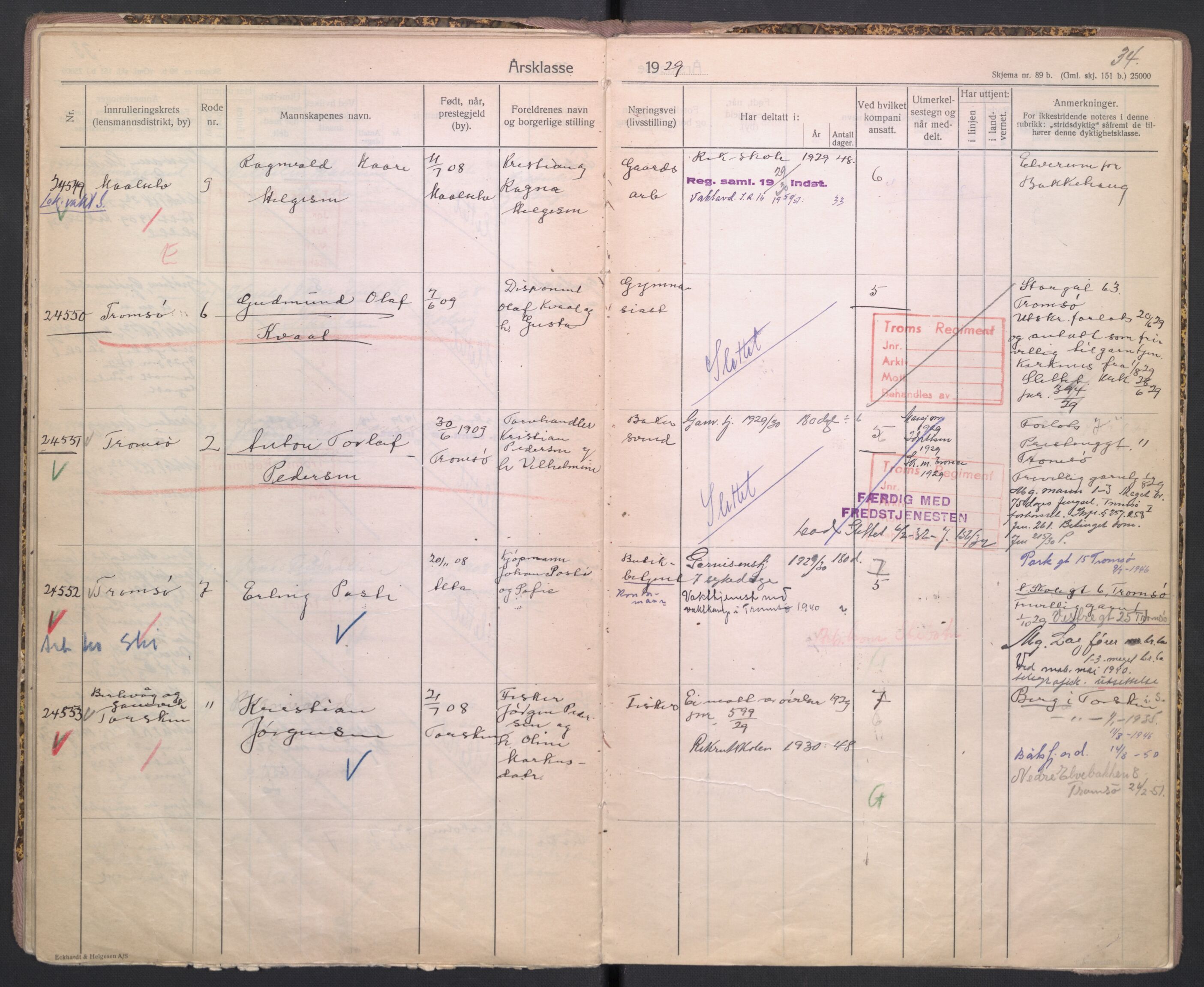 Forsvaret, Troms infanteriregiment nr. 16, AV/RA-RAFA-3146/P/Pa/L0005/0001: Ruller / Rulle for Bardu bataljons menige mannskaper, årsklasse 1929, 1929, p. 34