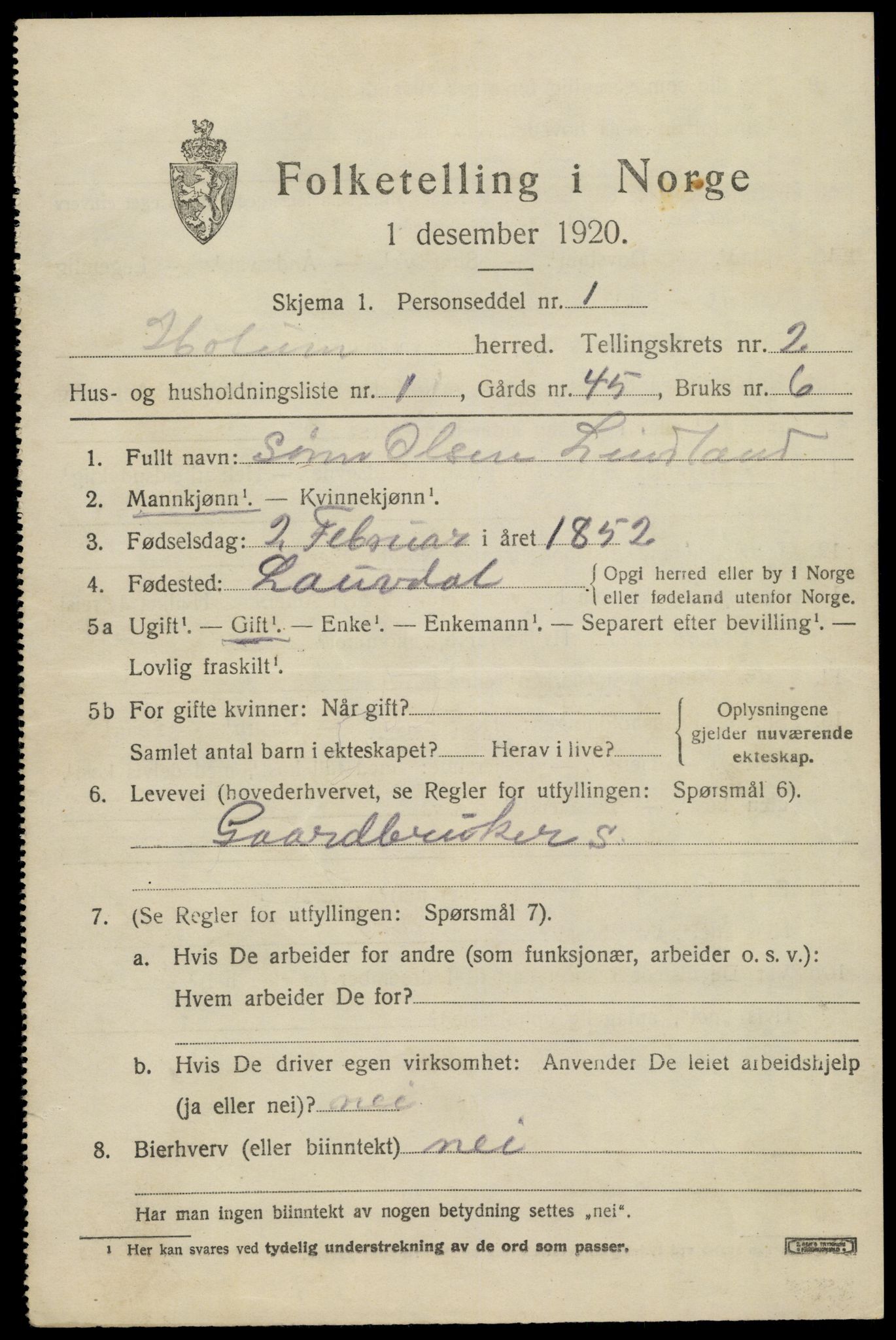 SAK, 1920 census for Holum, 1920, p. 1283