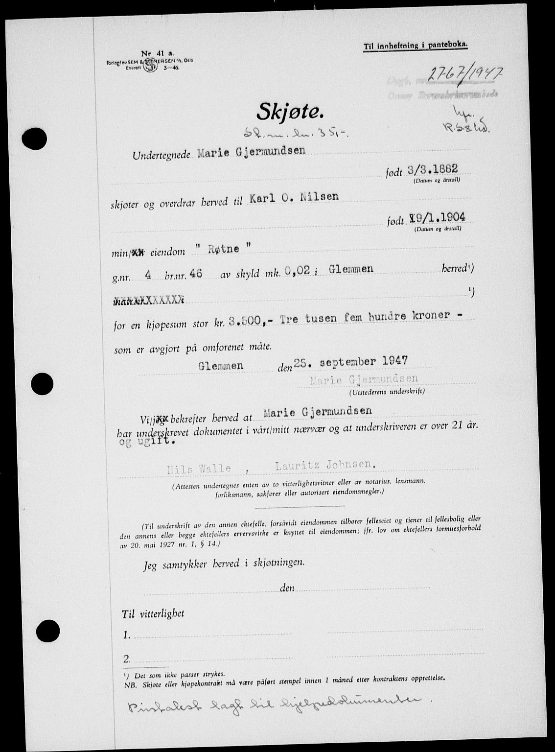 Onsøy sorenskriveri, SAO/A-10474/G/Ga/Gab/L0021: Mortgage book no. II A-21, 1947-1947, Diary no: : 2767/1947