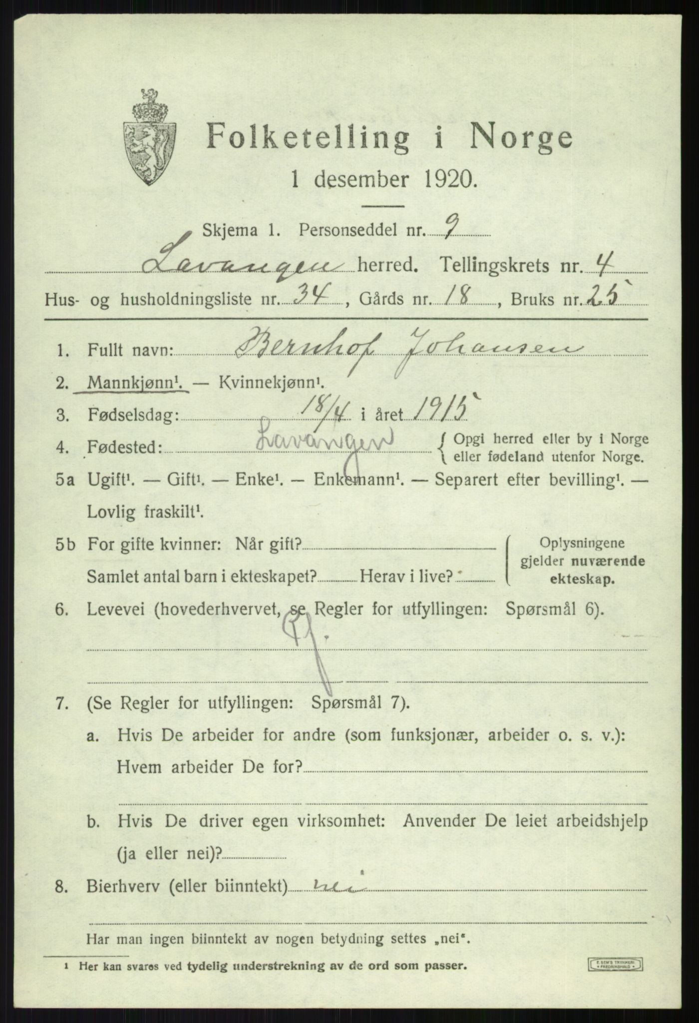 SATØ, 1920 census for Lavangen, 1920, p. 2305