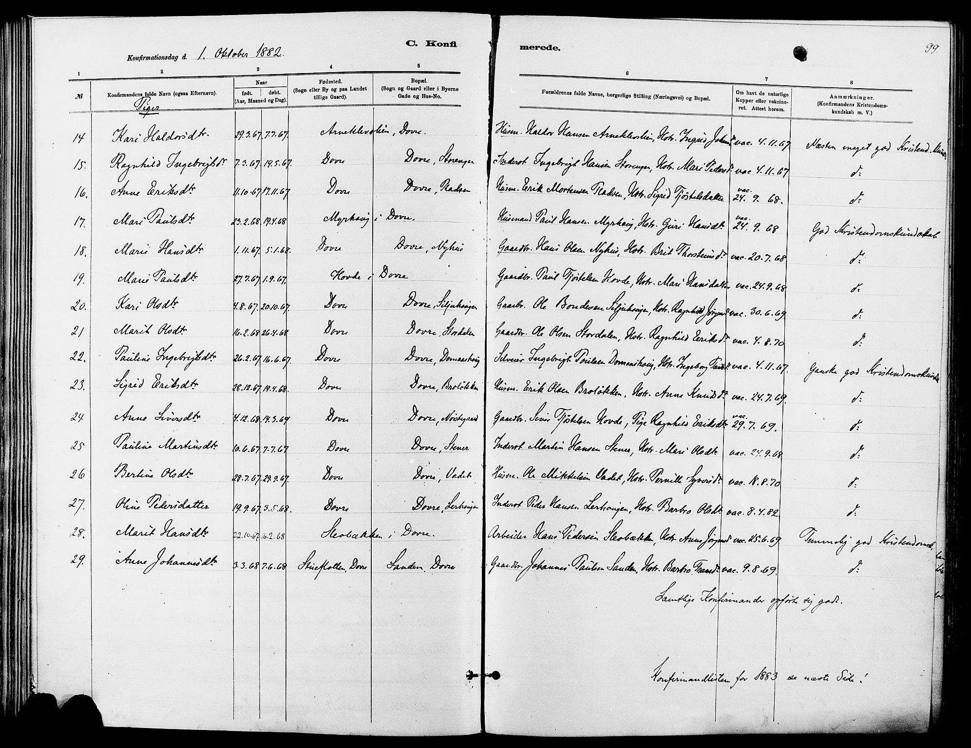 Dovre prestekontor, SAH/PREST-066/H/Ha/Haa/L0002: Parish register (official) no. 2, 1879-1890, p. 99