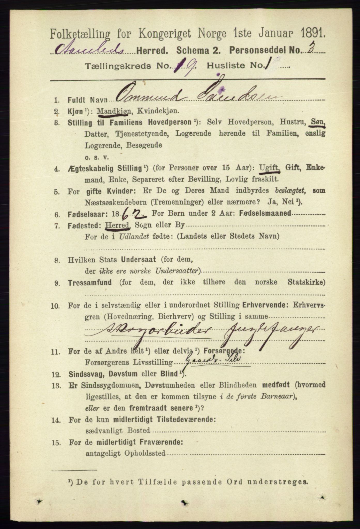 RA, 1891 census for 0929 Åmli, 1891, p. 3144