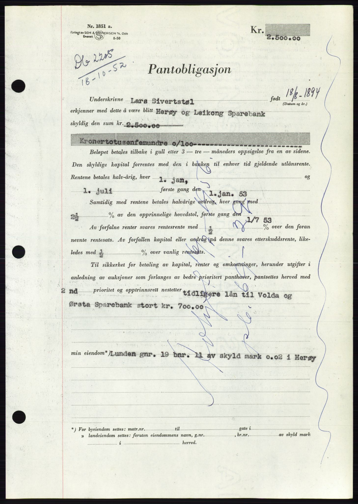 Søre Sunnmøre sorenskriveri, AV/SAT-A-4122/1/2/2C/L0122: Mortgage book no. 10B, 1952-1953, Diary no: : 2205/1952